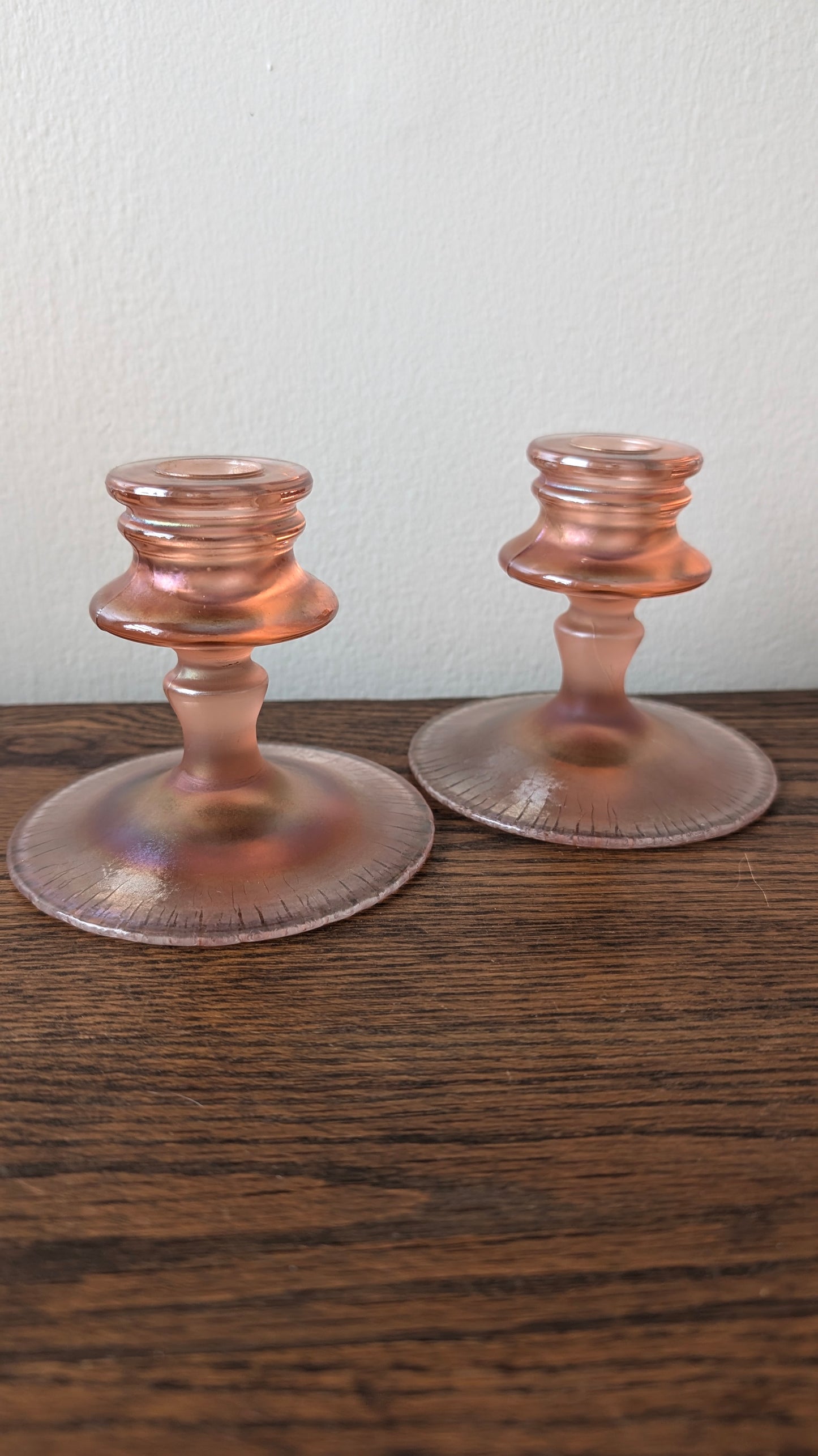 Pink Iridescent Fenton Stretch Glass Candlesticks (pair)