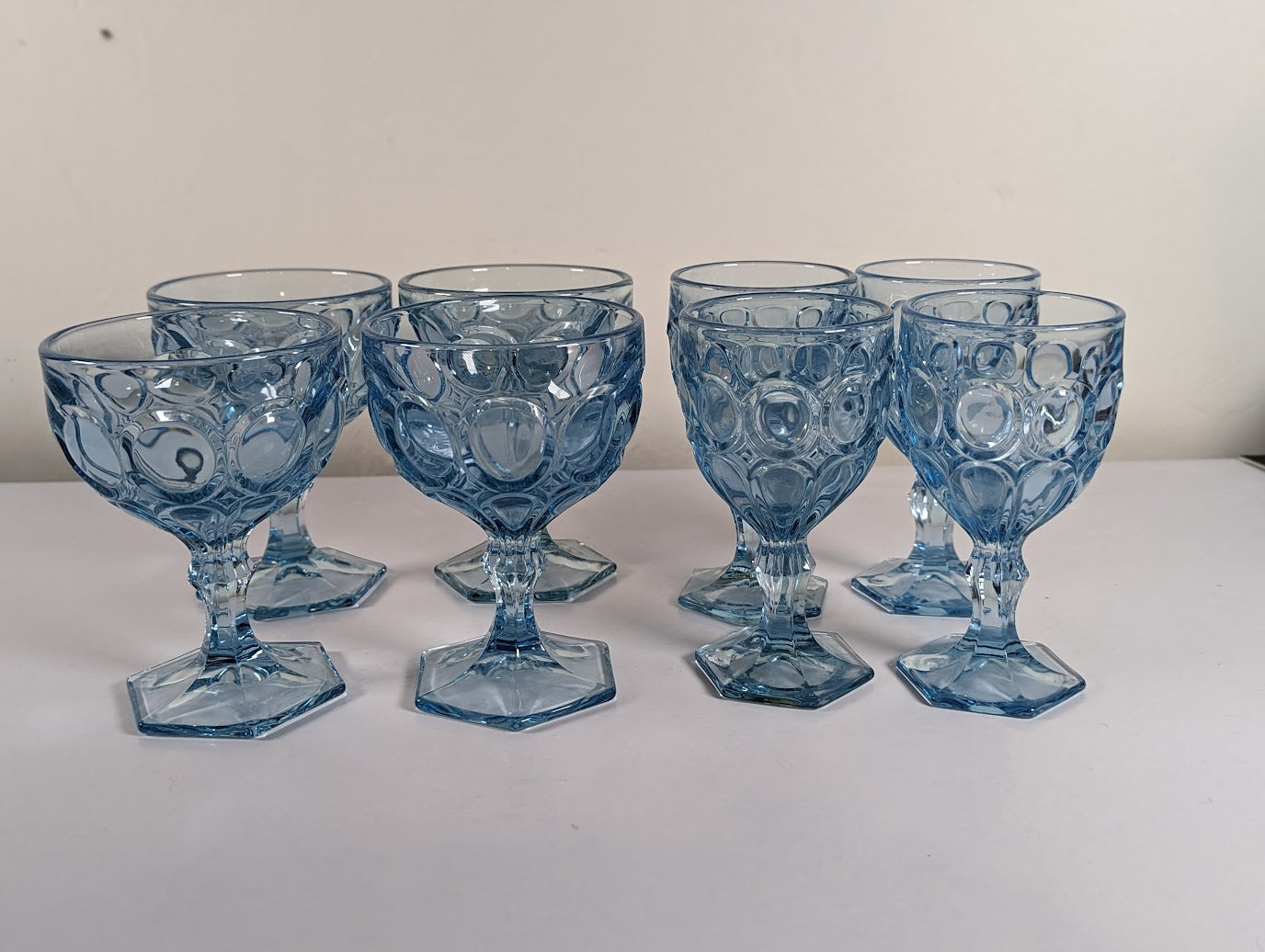 Vintage Light Blue Fostoria Moonstone Water & Wine Goblets (set of 8)