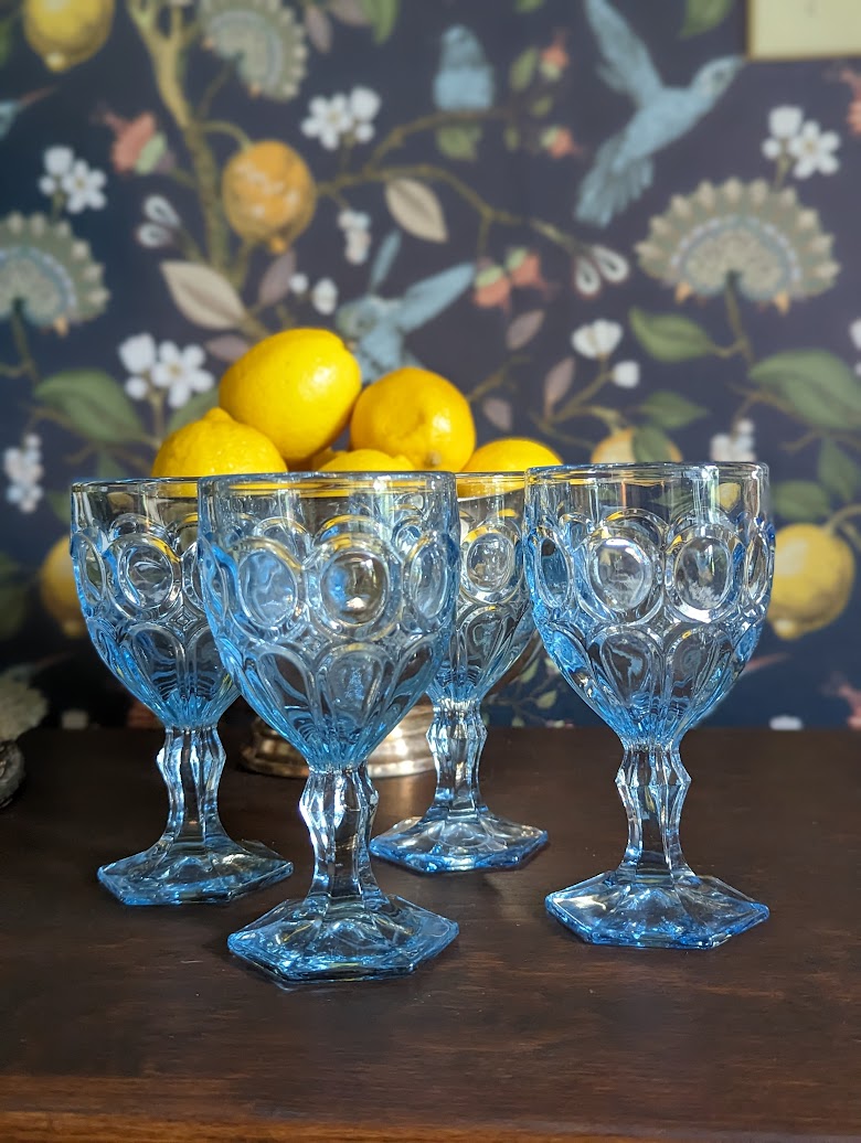Vintage Light Blue Fostoria Moonstone Water & Wine Goblets (set of 8)