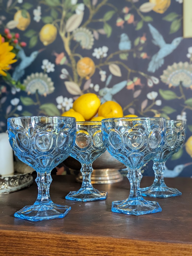 Vintage Light Blue Fostoria Moonstone Water & Wine Goblets (set of 8)