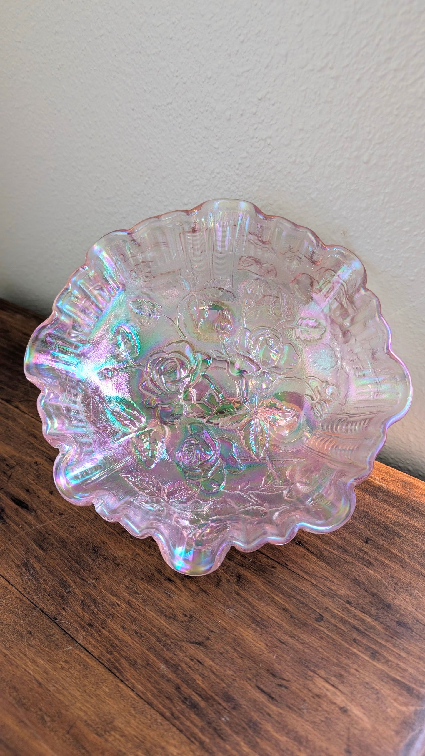 Footed Lenox Imperial Pink Carnival Glass Dish with Rose Detail