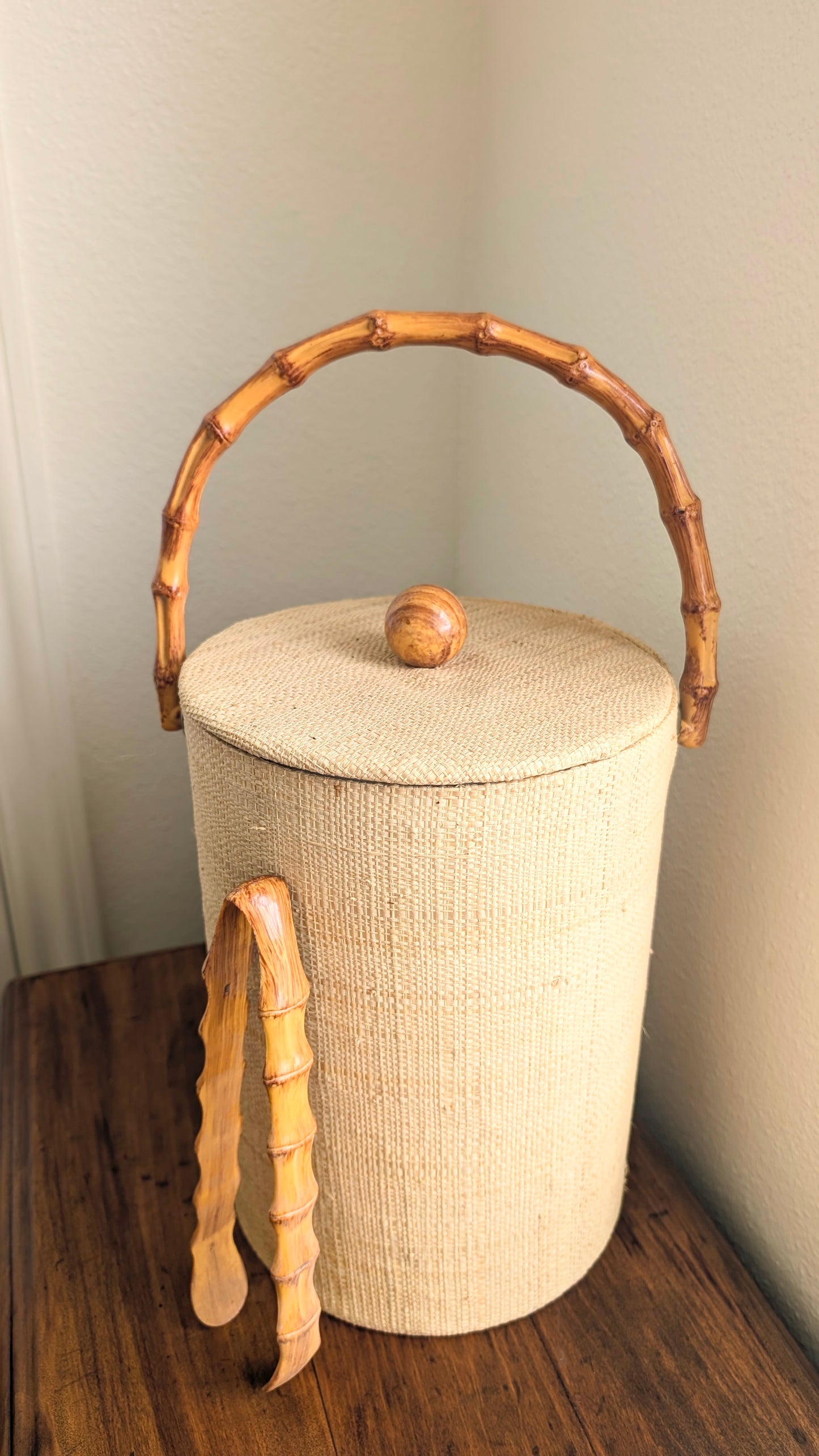 70's Raffia covered Bamboo Ice bucket and Tongs