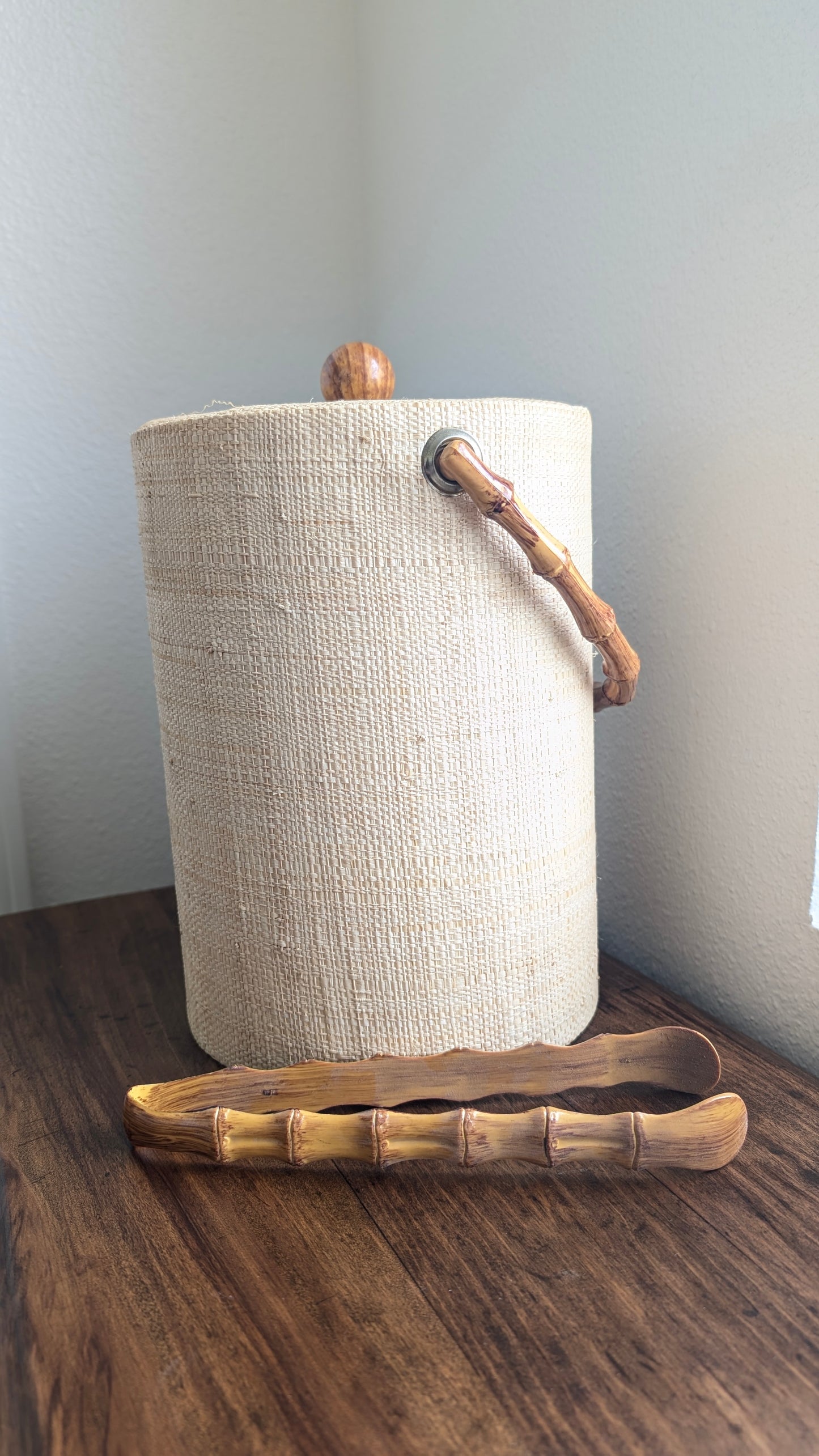 70's Raffia covered Bamboo Ice bucket and Tongs