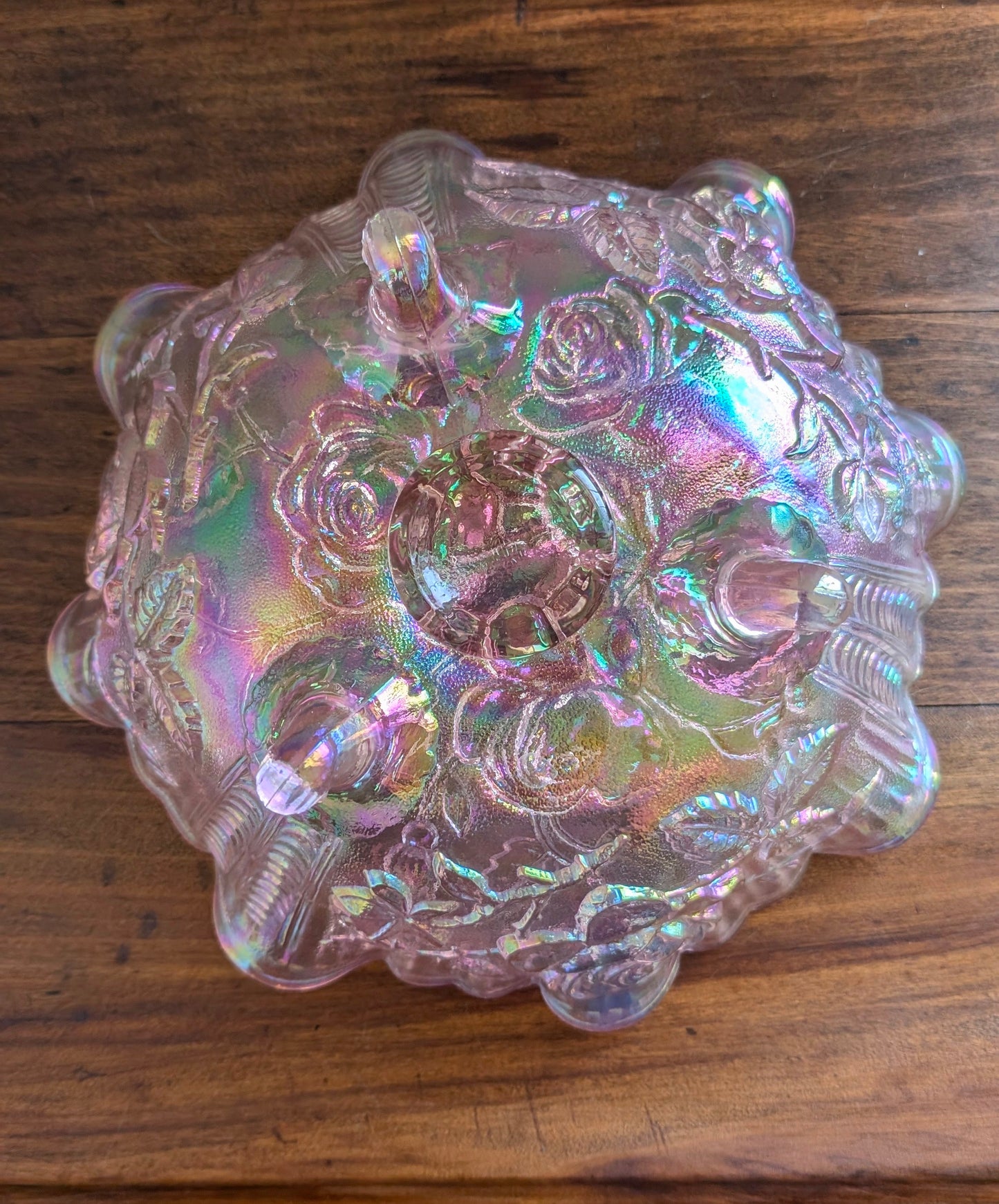 Footed Lenox Imperial Pink Carnival Glass Dish with Rose Detail