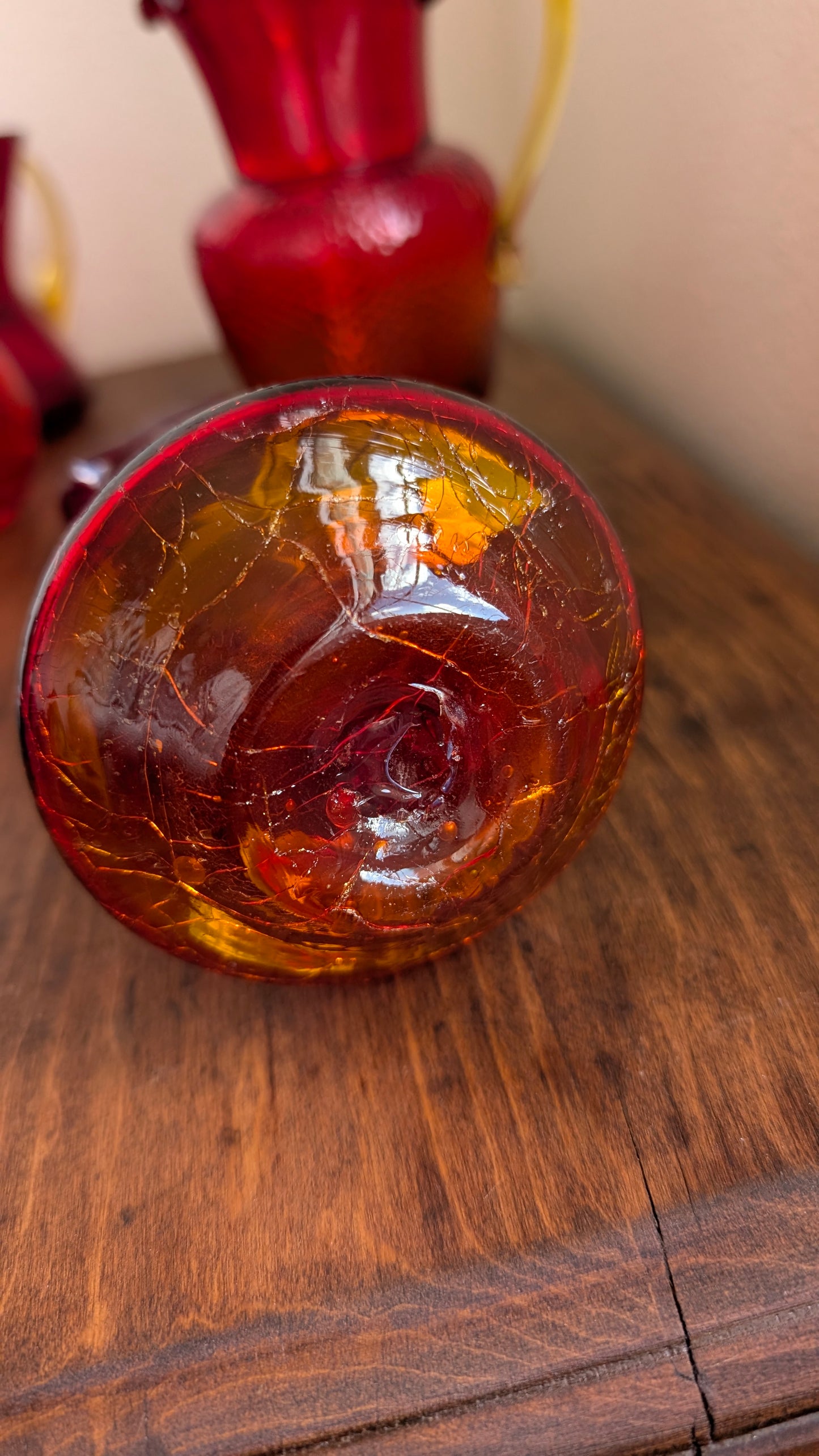 Collection of Red/ Amberina Crackle and Textured Art Glass Pitchers (set of 4)