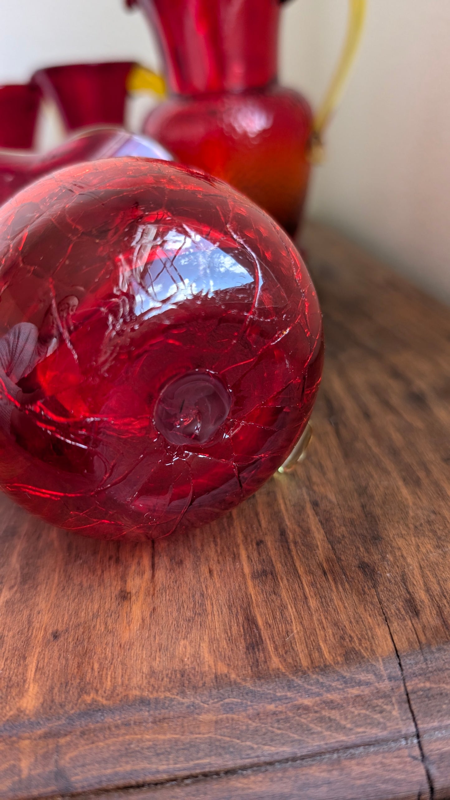 Collection of Red/ Amberina Crackle and Textured Art Glass Pitchers (set of 4)