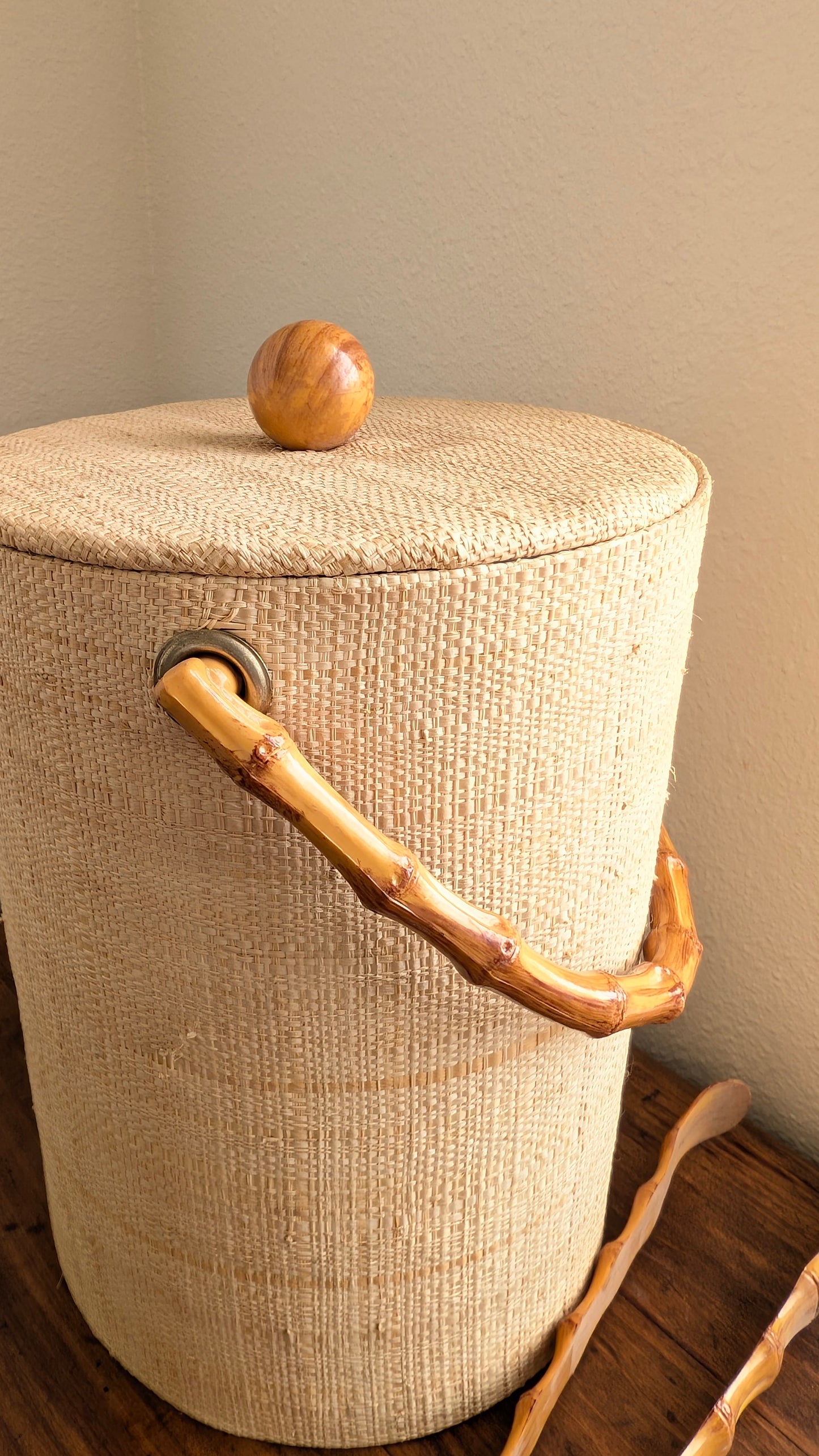 70's Raffia covered Bamboo Ice bucket and Tongs