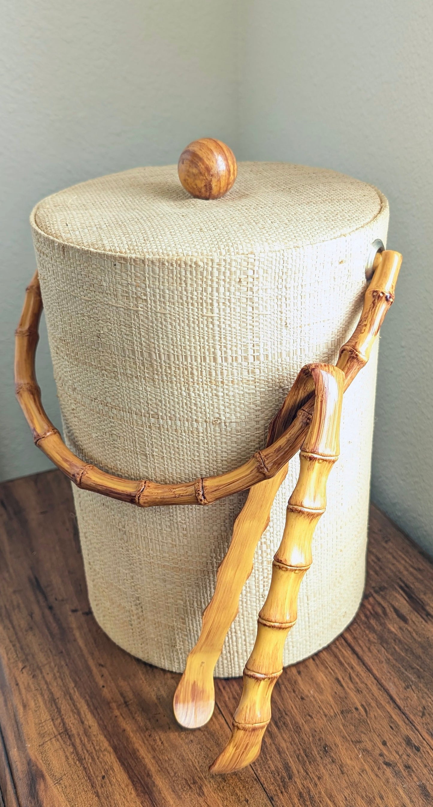 70's Raffia covered Bamboo Ice bucket and Tongs