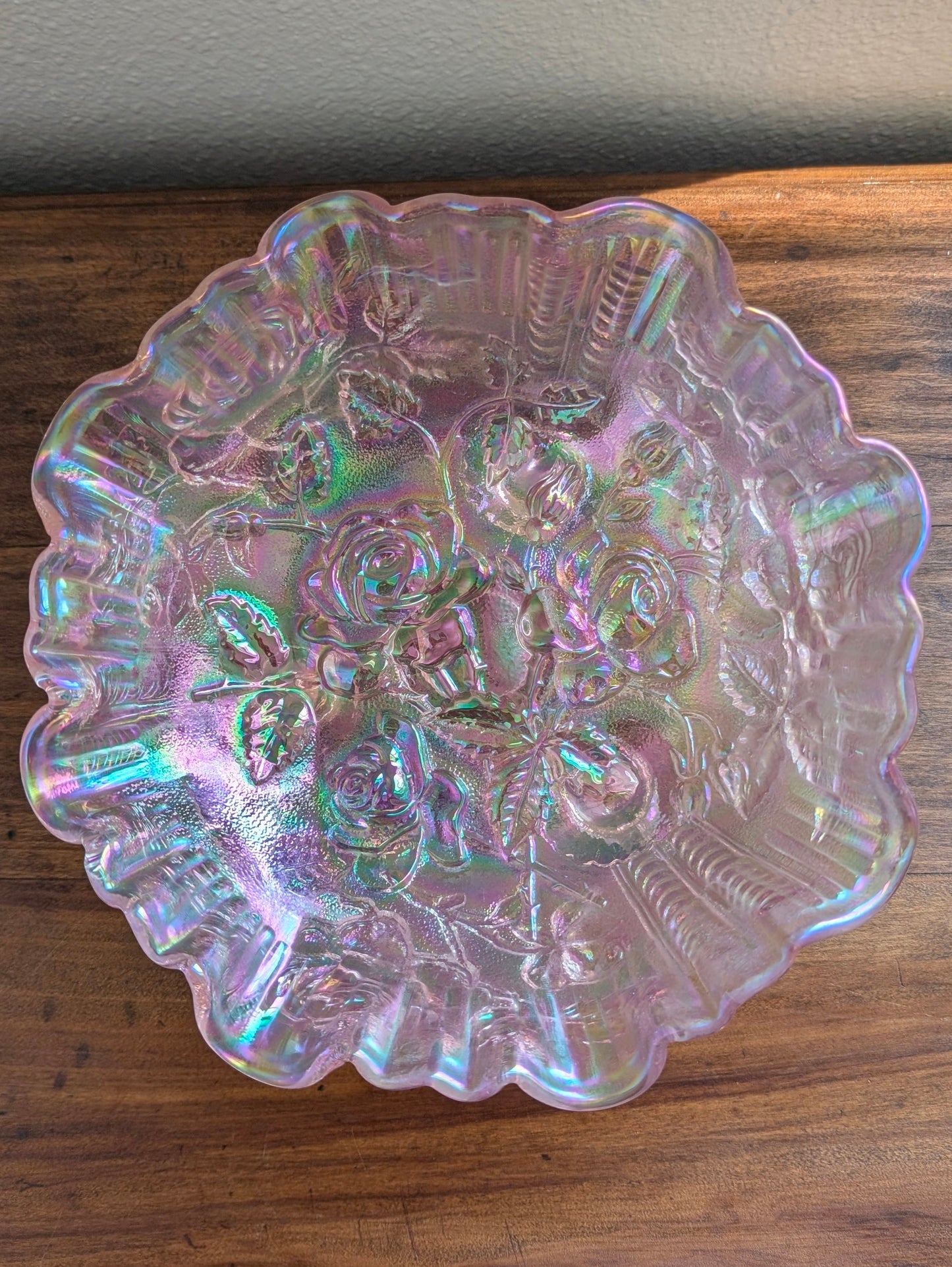 Footed Lenox Imperial Pink Carnival Glass Dish with Rose Detail