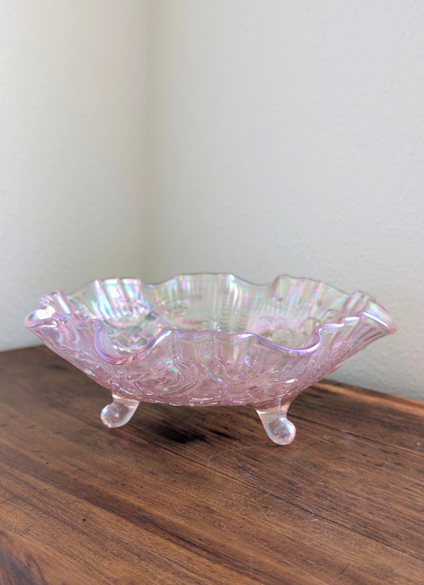 Footed Lenox Imperial Pink Carnival Glass Dish with Rose Detail
