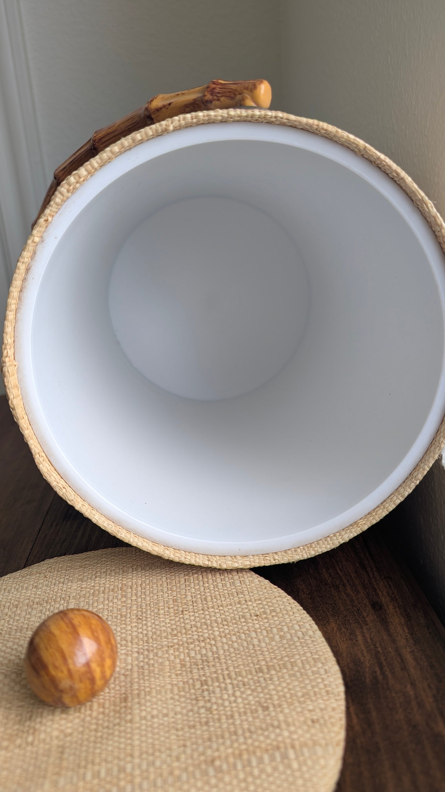 70's Raffia covered Bamboo Ice bucket and Tongs
