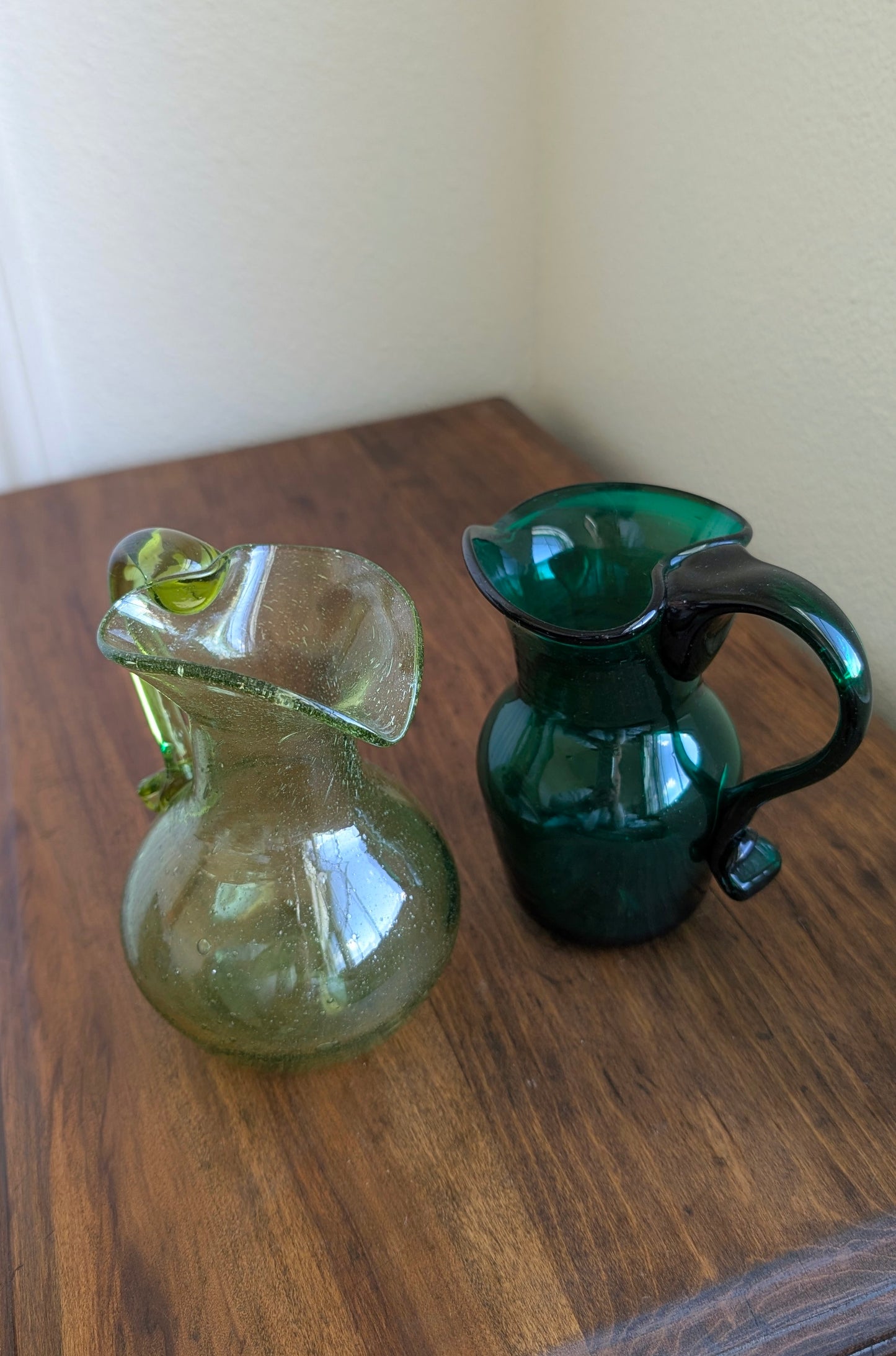 Handblown Green Glass Pitchers (set of 2)