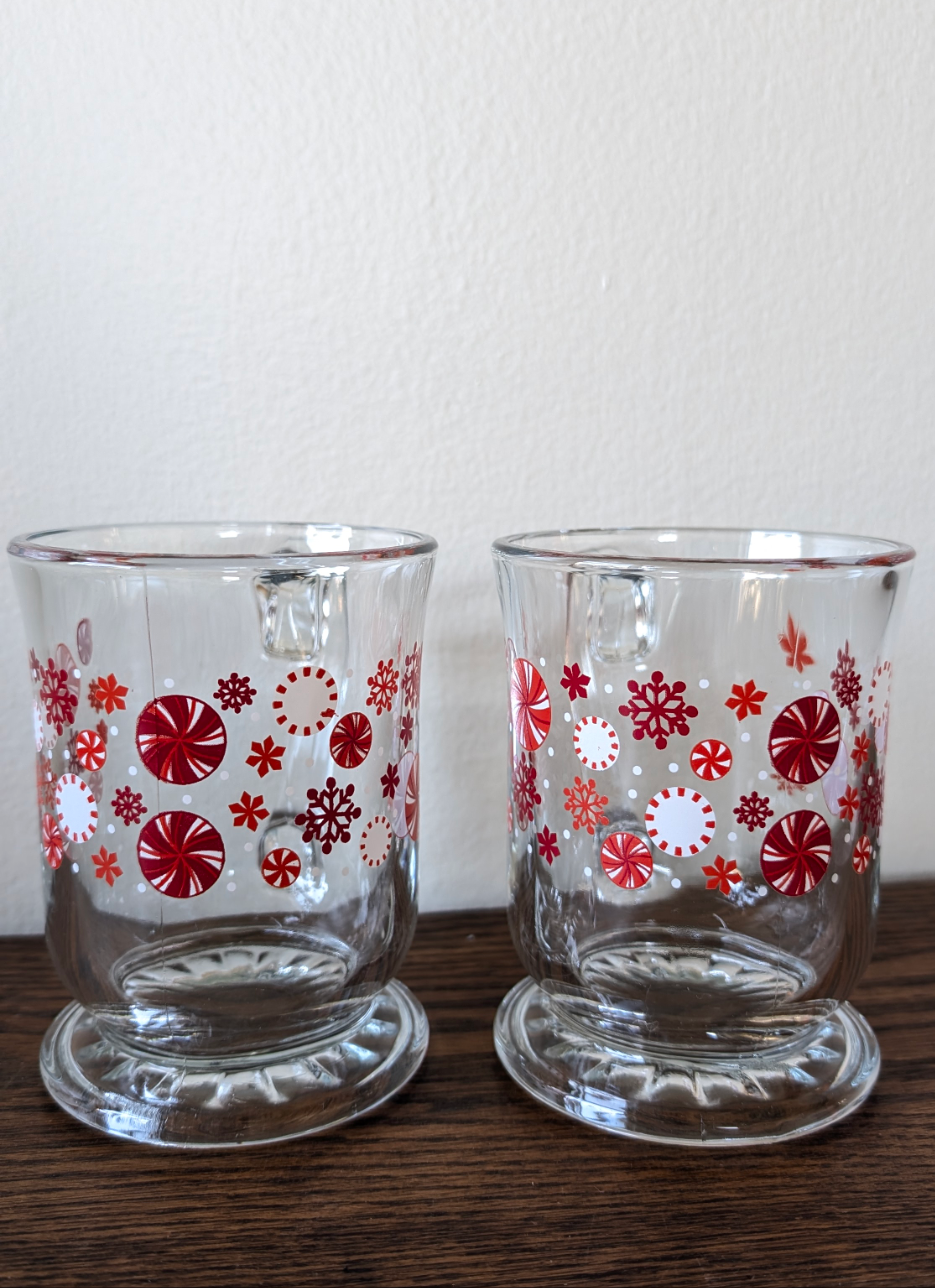 Pier 1 Clear Mug with Peppermint Candy and Snowflakes (set of 2)