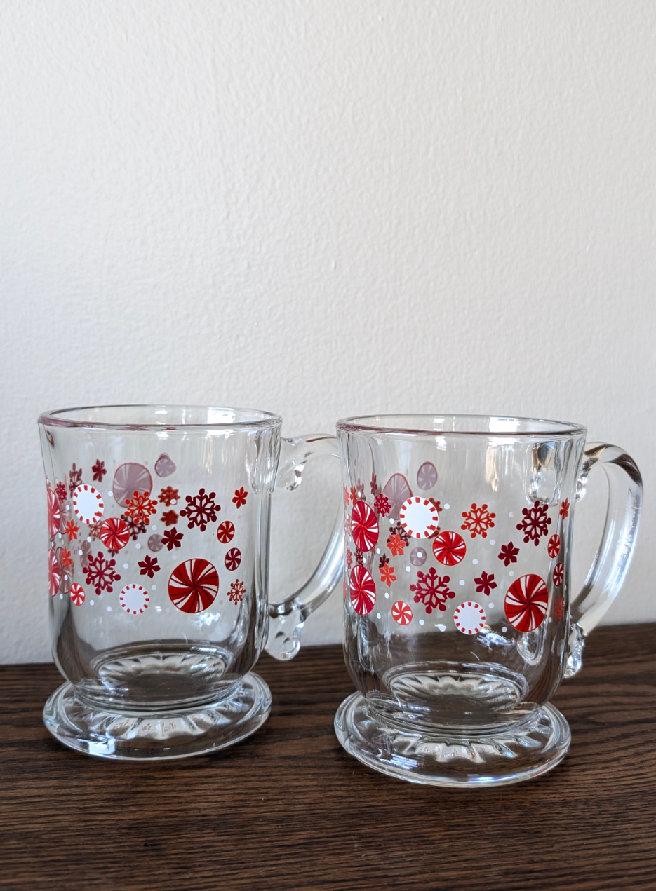 Pier 1 Clear Mug with Peppermint Candy and Snowflakes (set of 2)