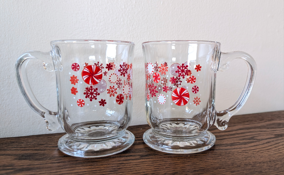 Pier 1 Clear Mug with Peppermint Candy and Snowflakes (set of 2)