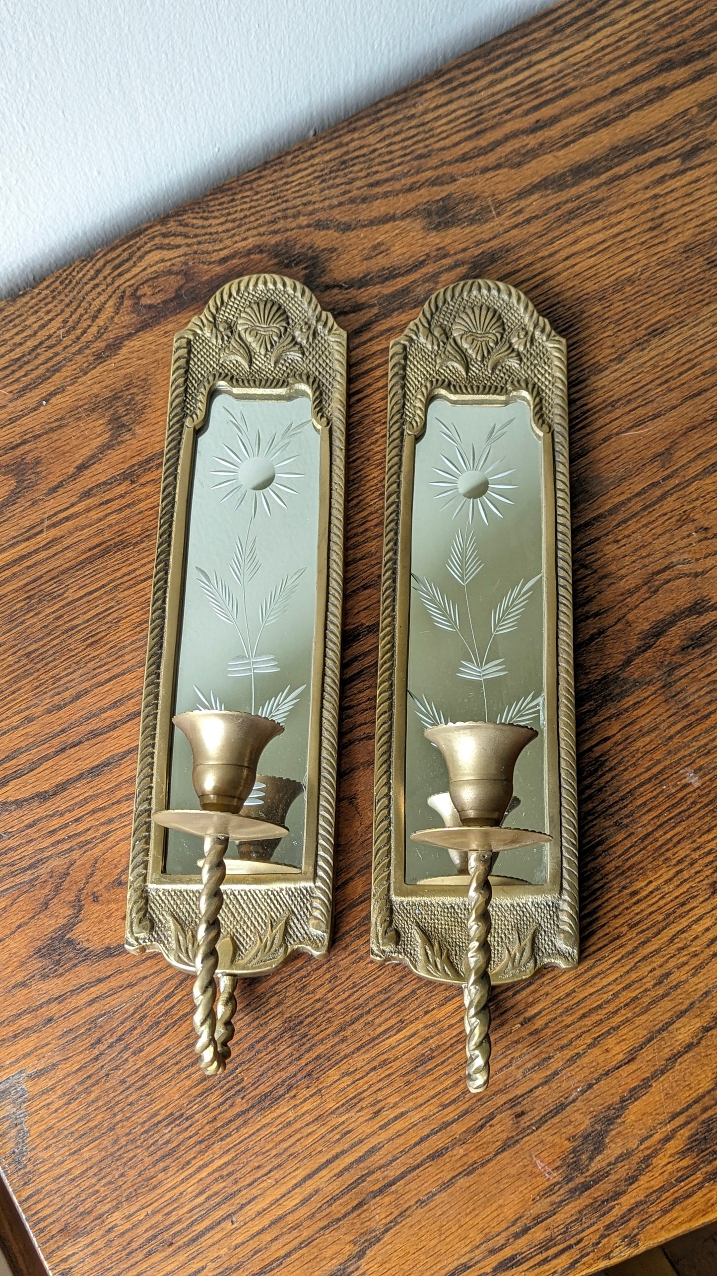 Mirrored Brass Candle Sconces (set of 2)