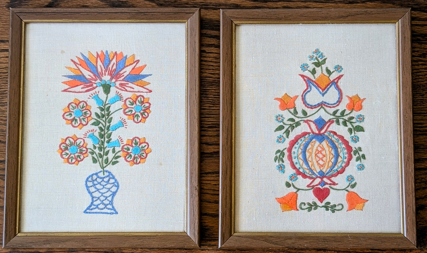 Framed Pair of Folk Art Crewel Needlepoint