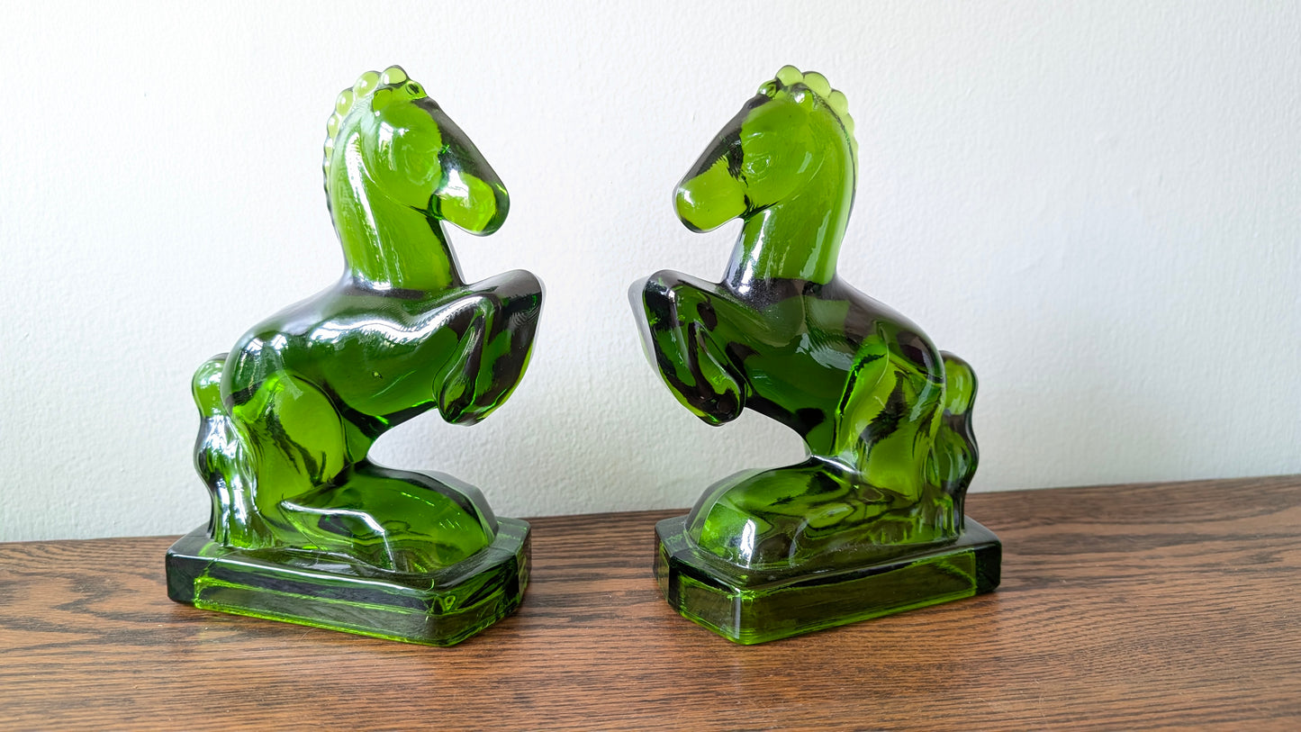 L.E. Smith Green Glass Jumping Horse Bookends