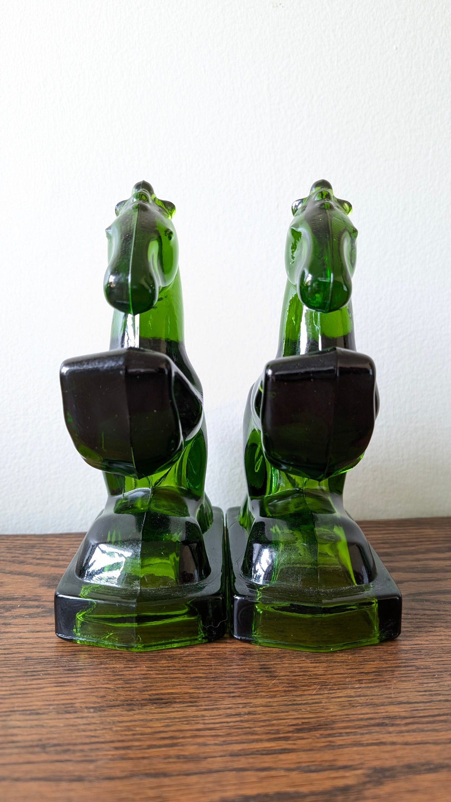 L.E. Smith Green Glass Jumping Horse Bookends