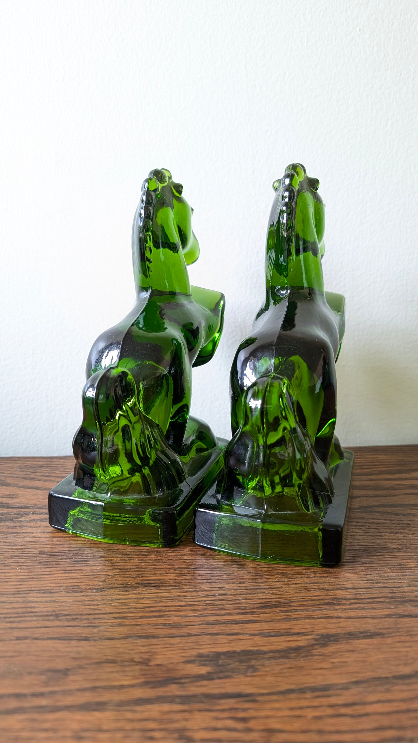 L.E. Smith Green Glass Jumping Horse Bookends