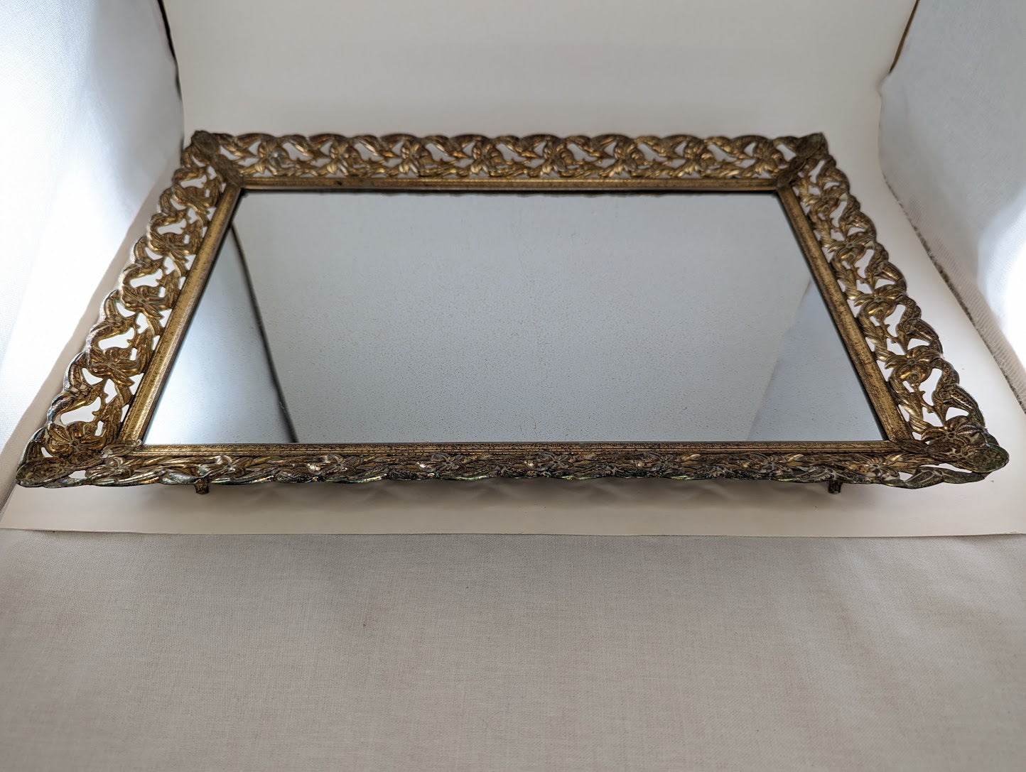 Vintage Golden Brass Filigree Mirror Tray