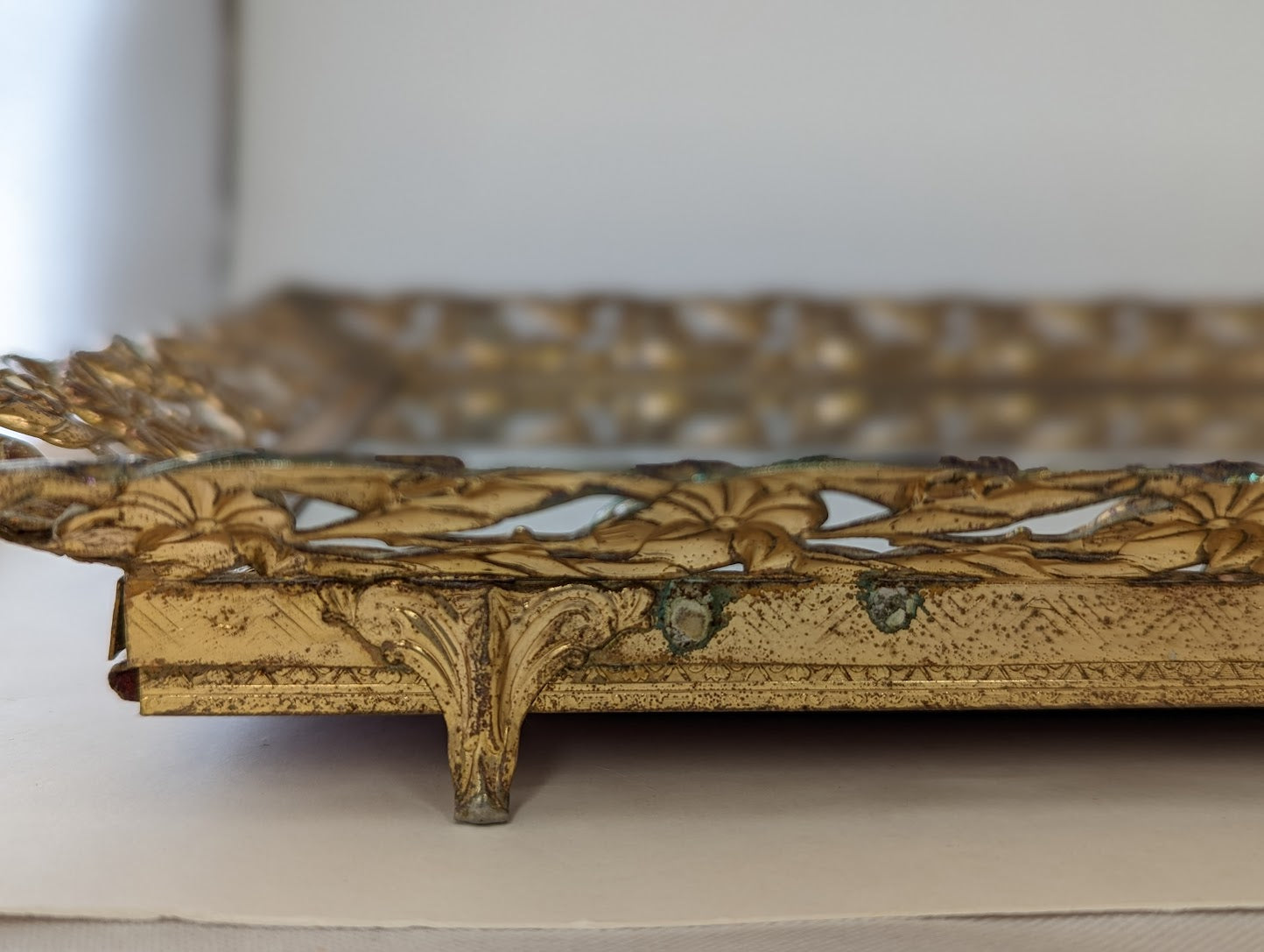 Vintage Golden Brass Filigree Mirror Tray