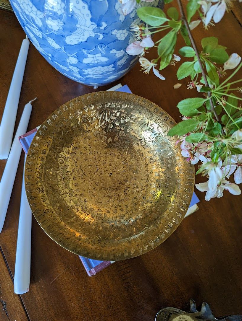 Floral Etched Brass Pedestal Bowl