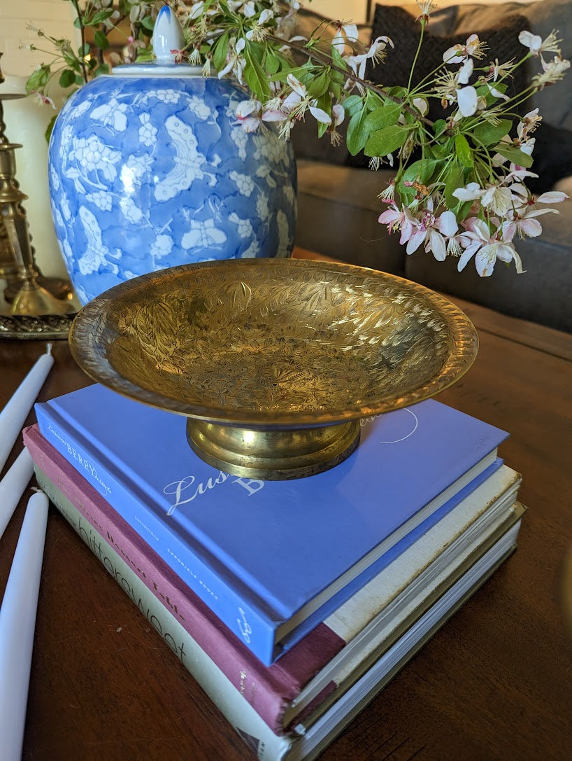 Floral Etched Brass Pedestal Bowl