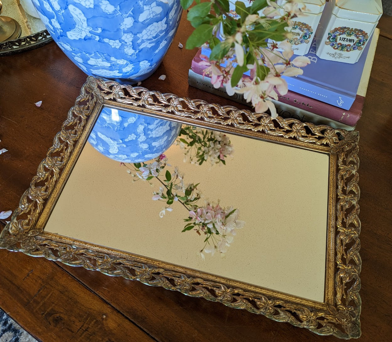 Vintage Golden Brass Filigree Mirror Tray