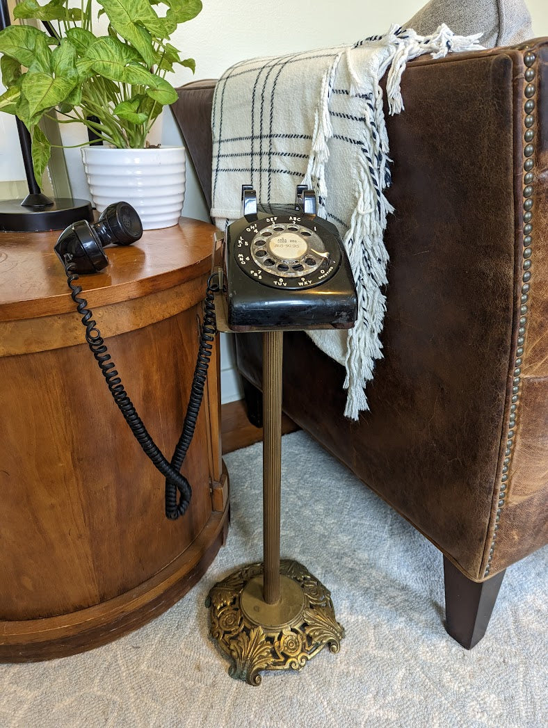 Brass Telephone Stand with Black Rotary Phone