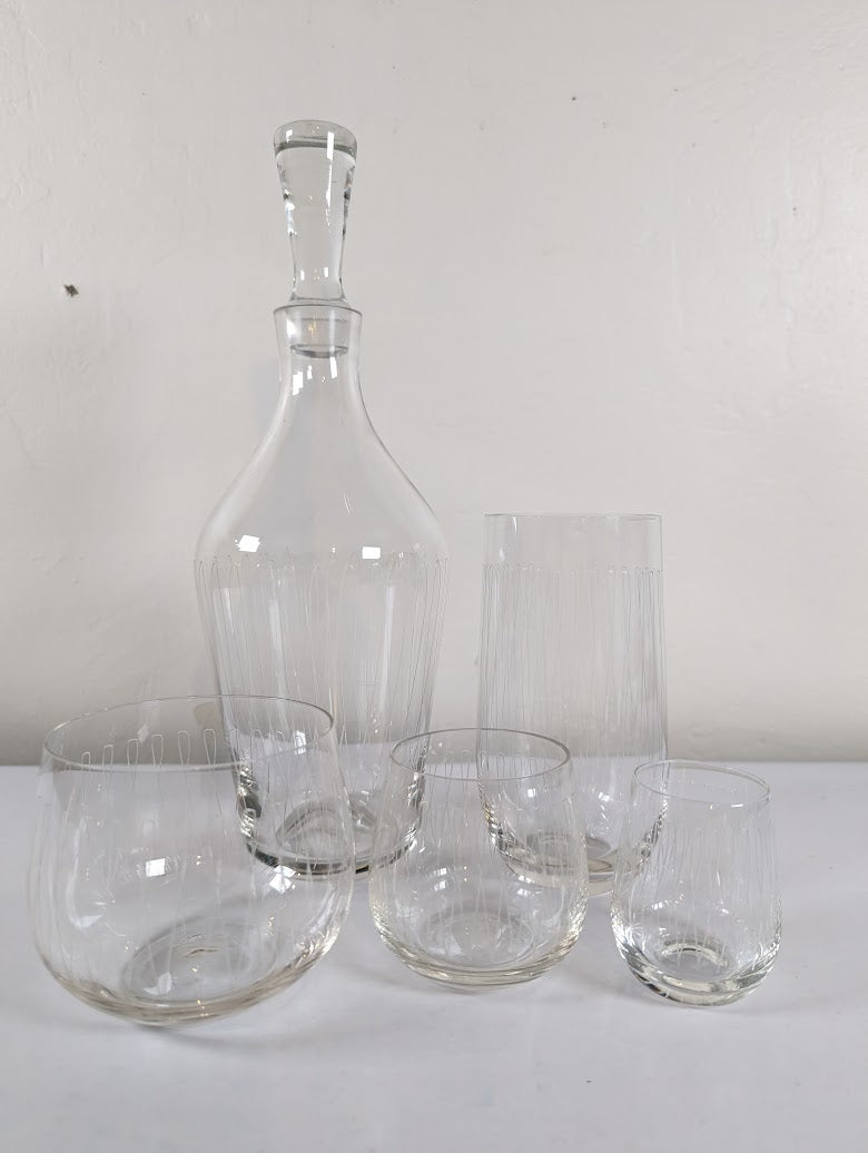 Vintage Etched Glass Decanter and Glassware Set (23 pcs)