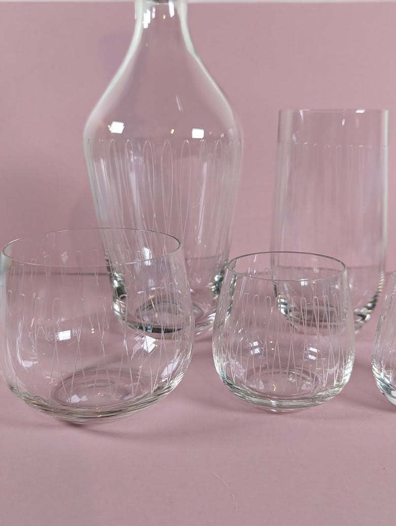 Vintage Etched Glass Decanter and Glassware Set (23 pcs)