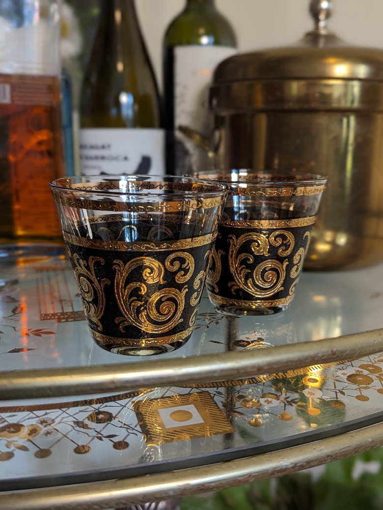 Vintage Culver Ebony Baroque Old Fashioned Glasses (set of 2)