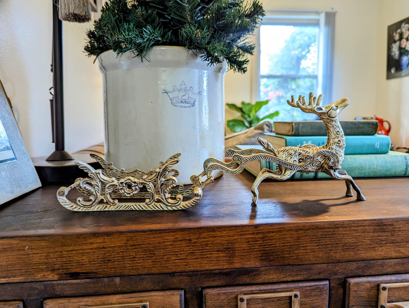 Vintage Silver Brass Reindeer with Sleigh