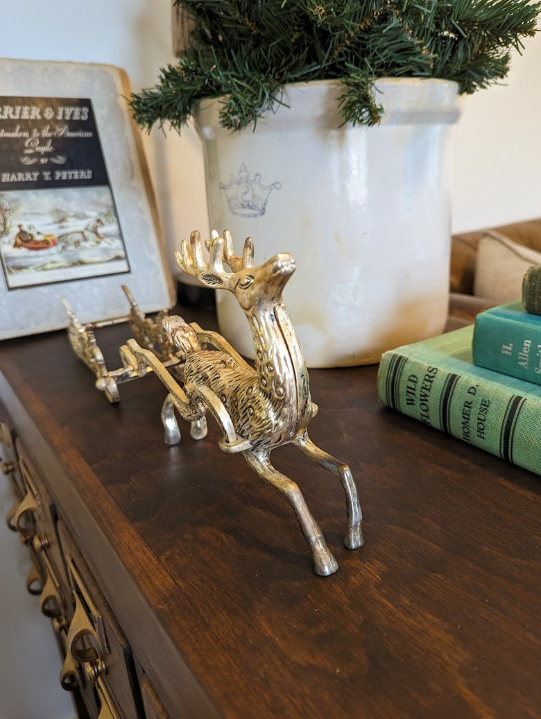 Vintage Silver Brass Reindeer with Sleigh