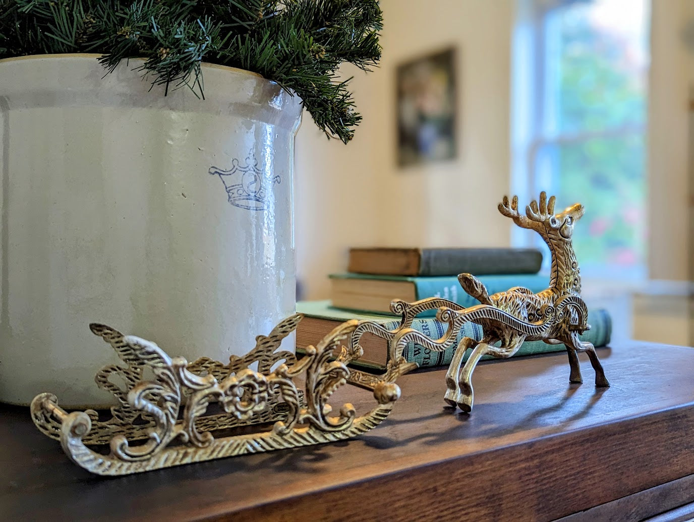 Vintage Silver Brass Reindeer with Sleigh