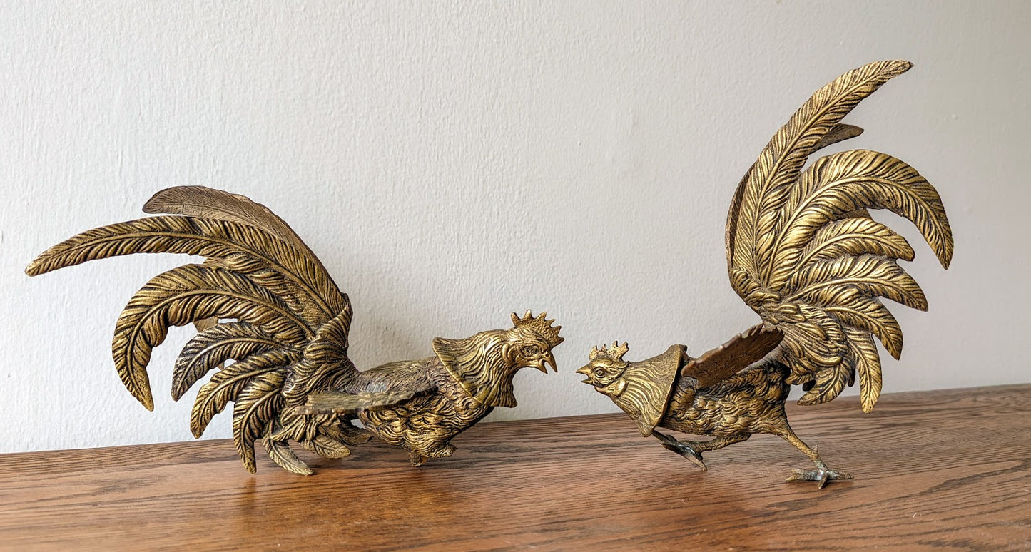 Pair of Brass Fighting Cocks