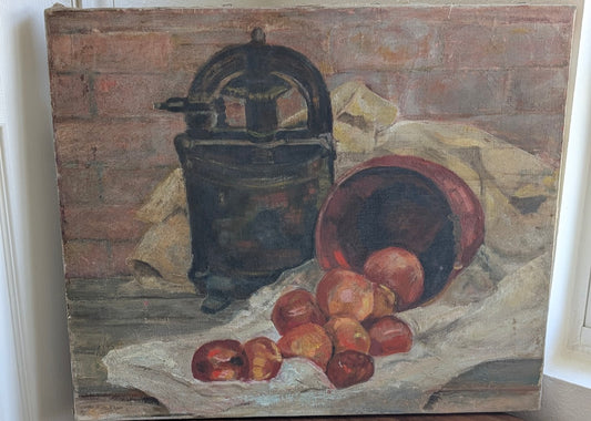 Unframed Painting of Apples and Apple Press