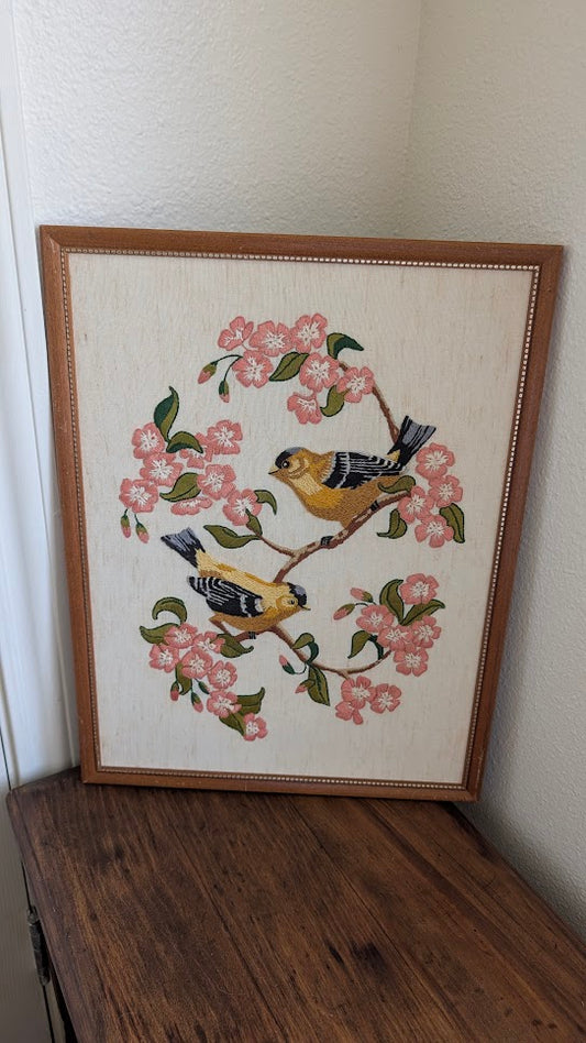Gold Finch and Cherry Blossom Framed Needlepoint