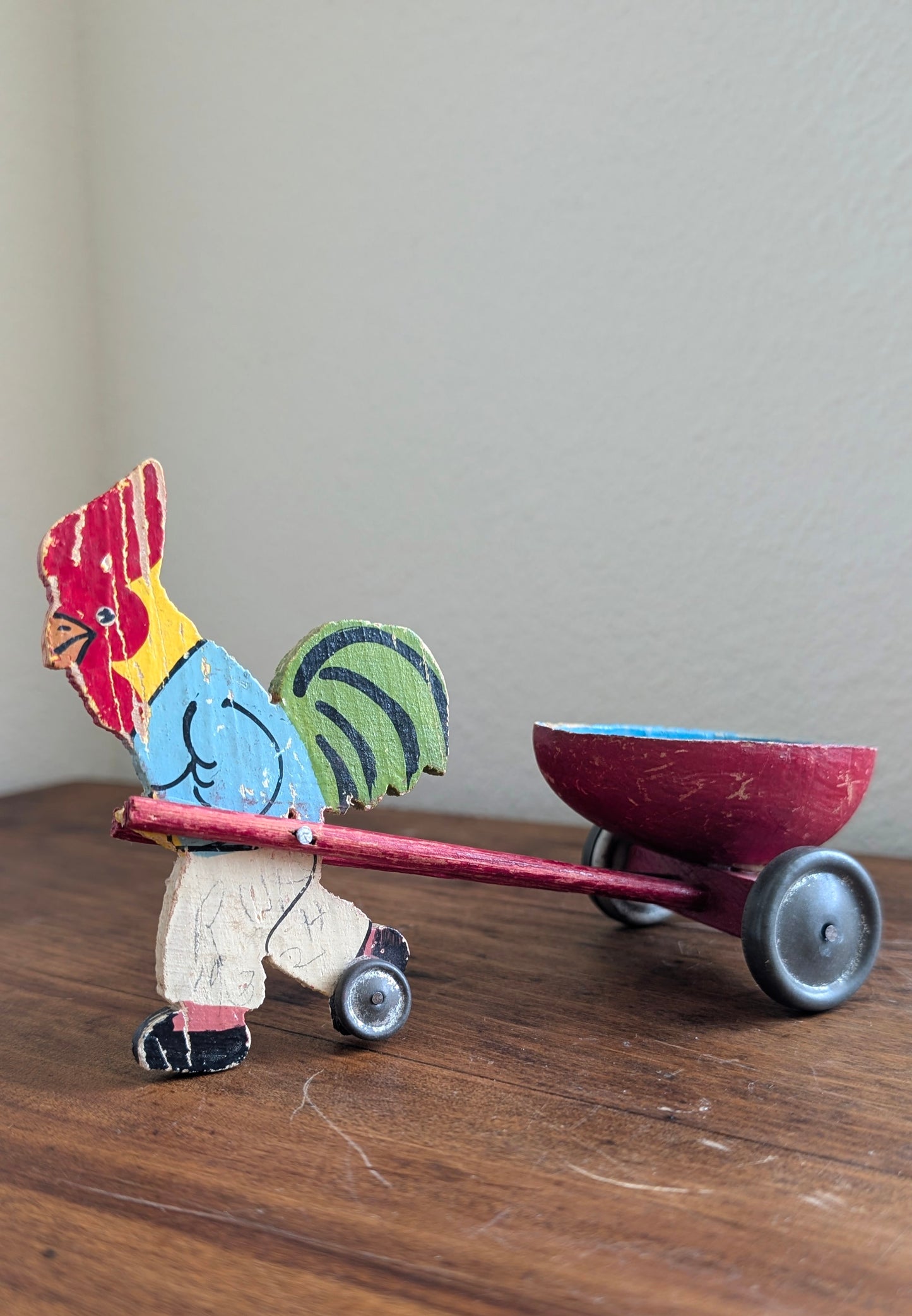 1930's Wooden Easter Rooster Pullcart Toy