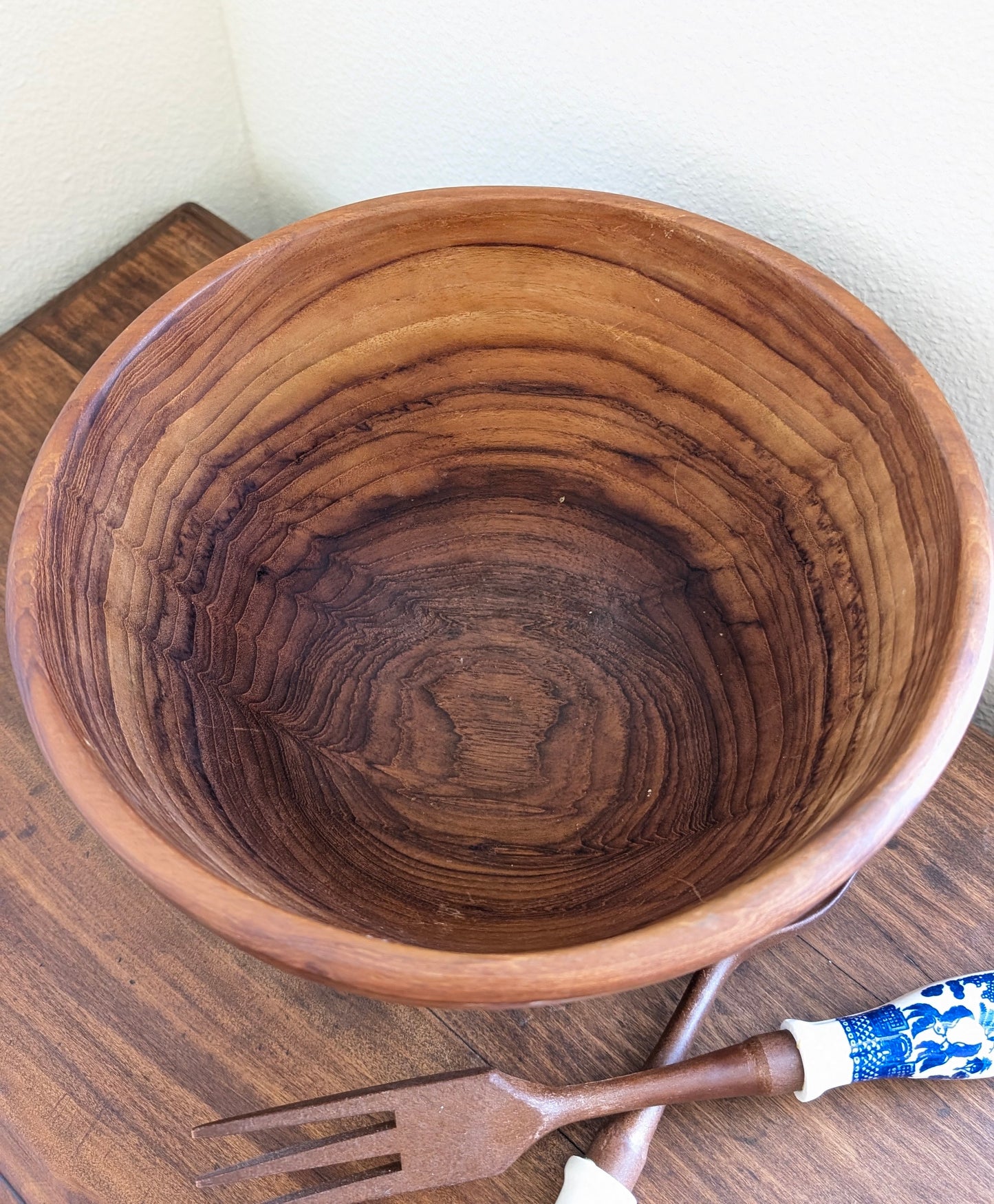 MCM Teak Salad Bowl with Blue Willow Utensils
