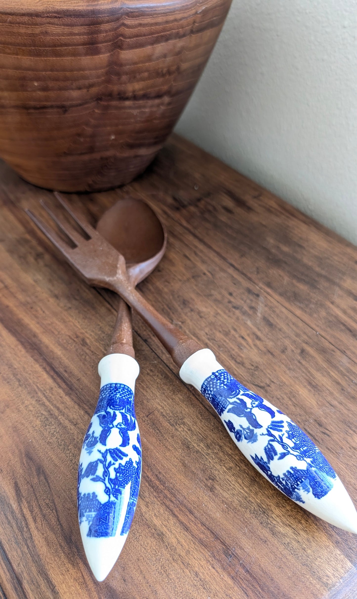 MCM Teak Salad Bowl with Blue Willow Utensils