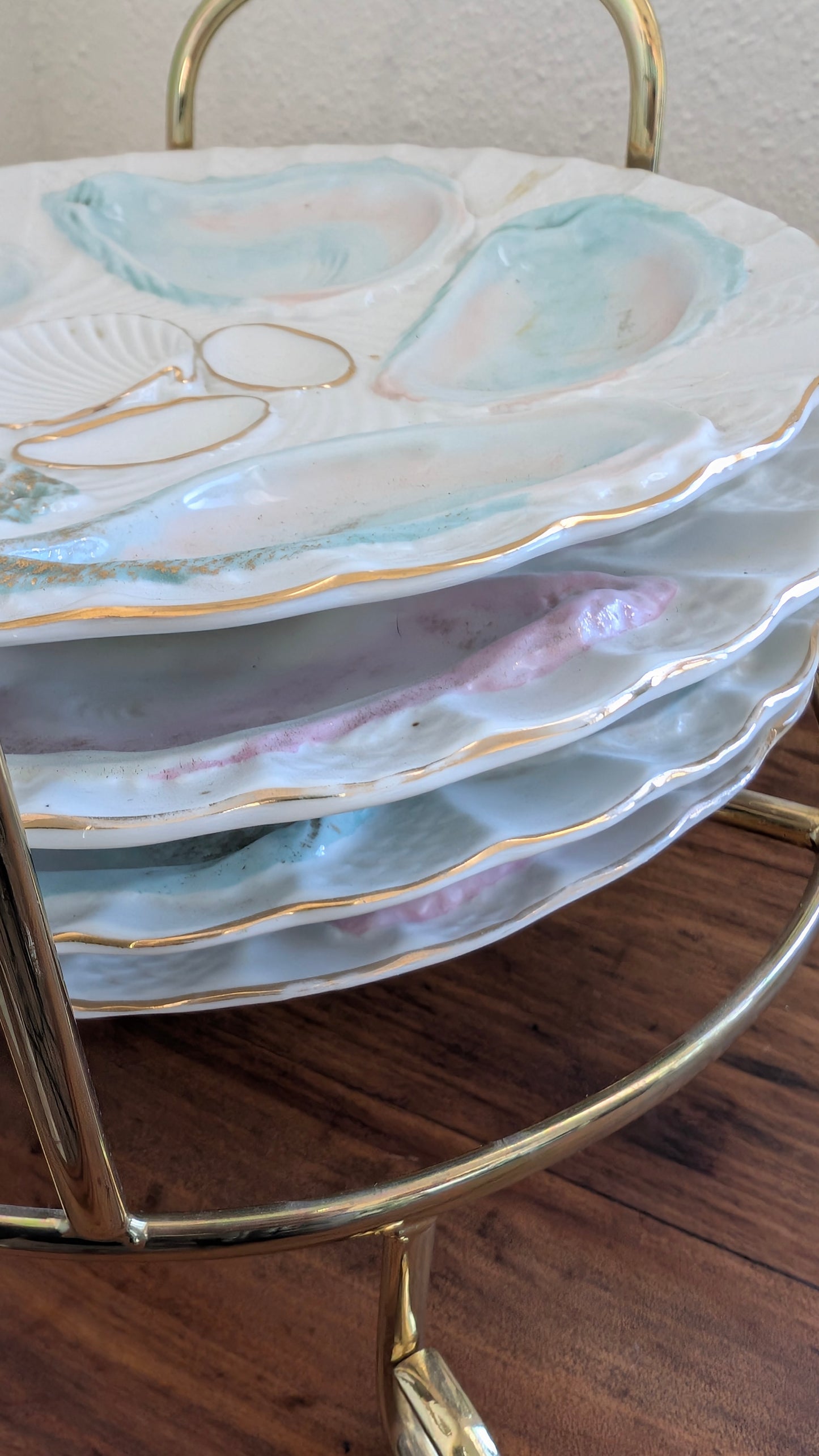 Set of Four Oyster Plates with Brass Stand