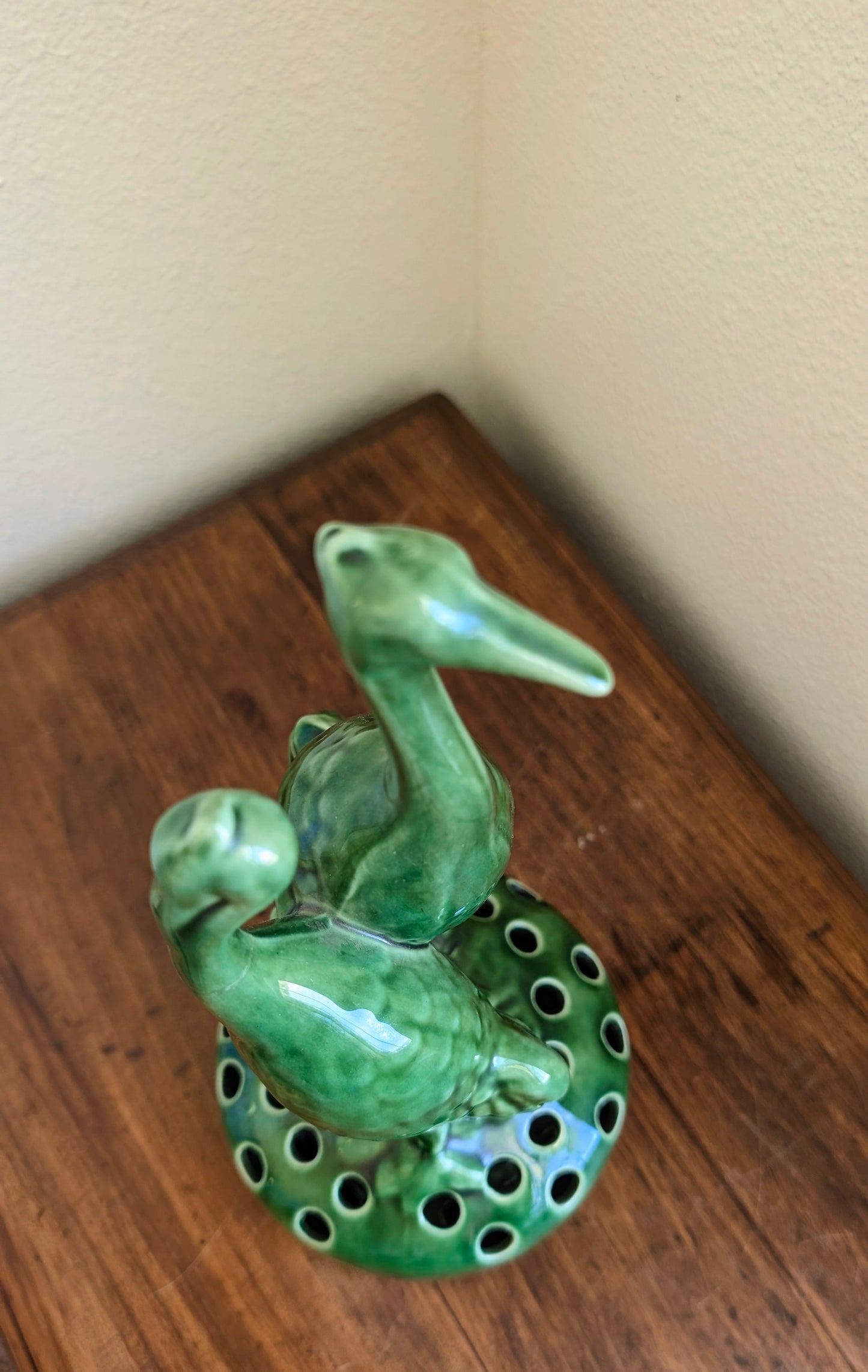 Green Cemar Pottery Heron Flower Frog Centerpiece