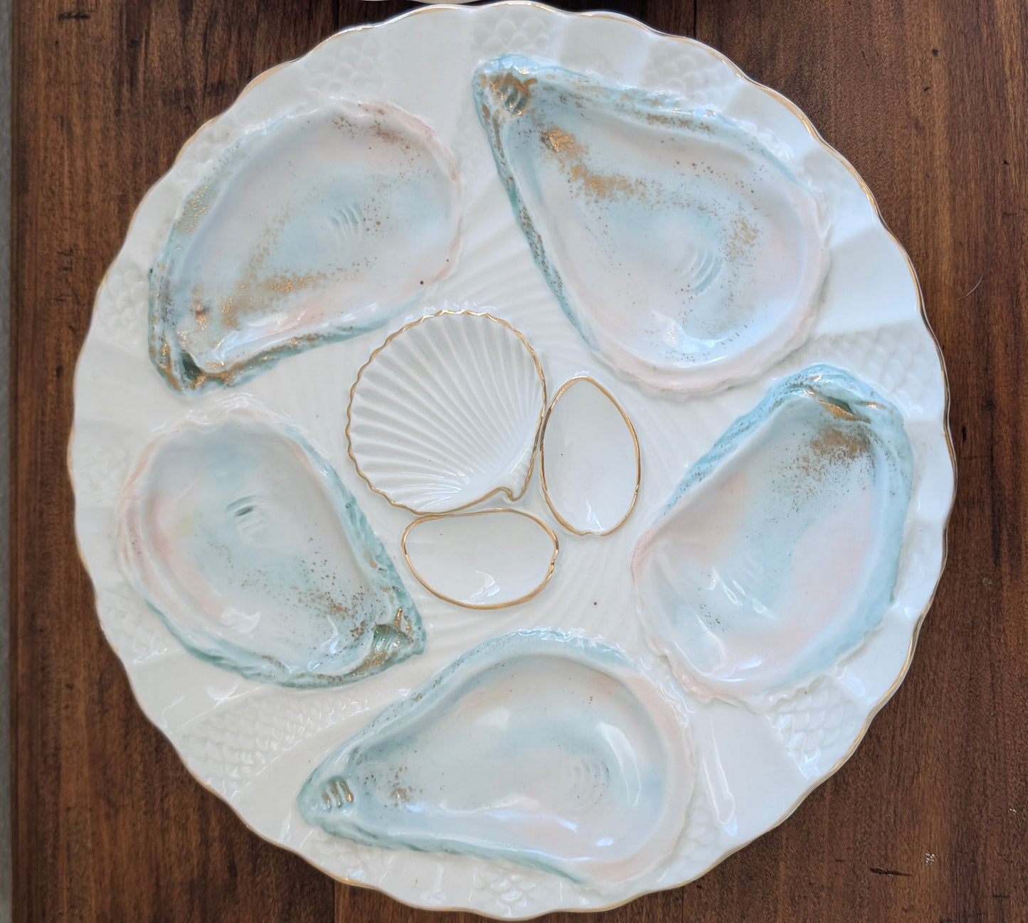 Set of Four Oyster Plates with Brass Stand