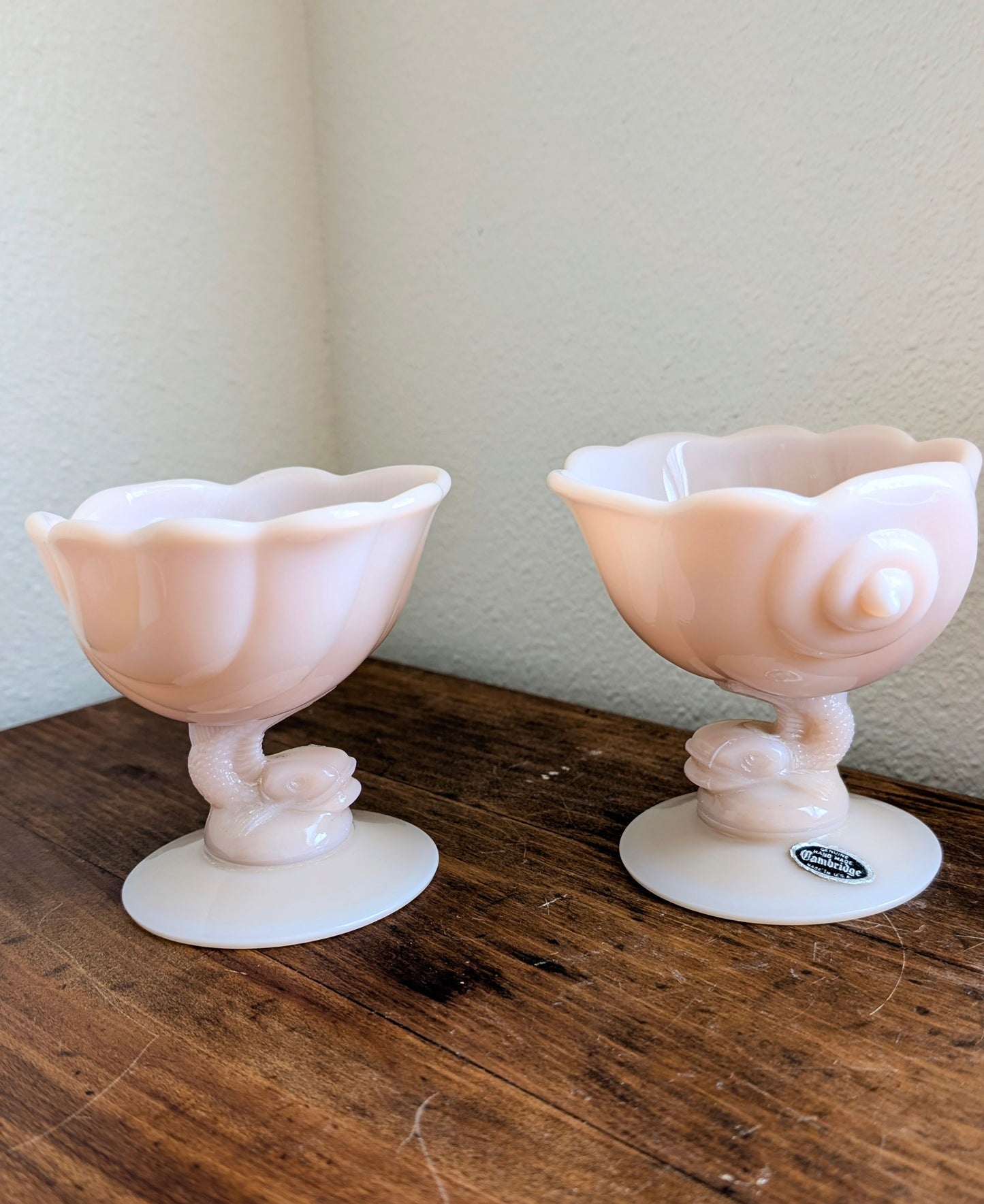 Cambridge Glass Pale Pink Dolphin Candlesticks (pair)