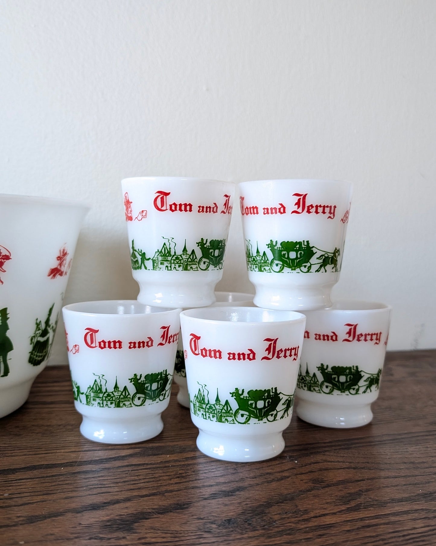 Tom & Jerry Milk Glass Punch bowl with 12 cups