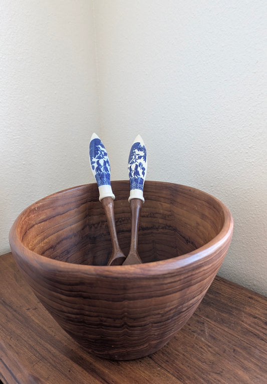MCM Teak Salad Bowl with Blue Willow Utensils