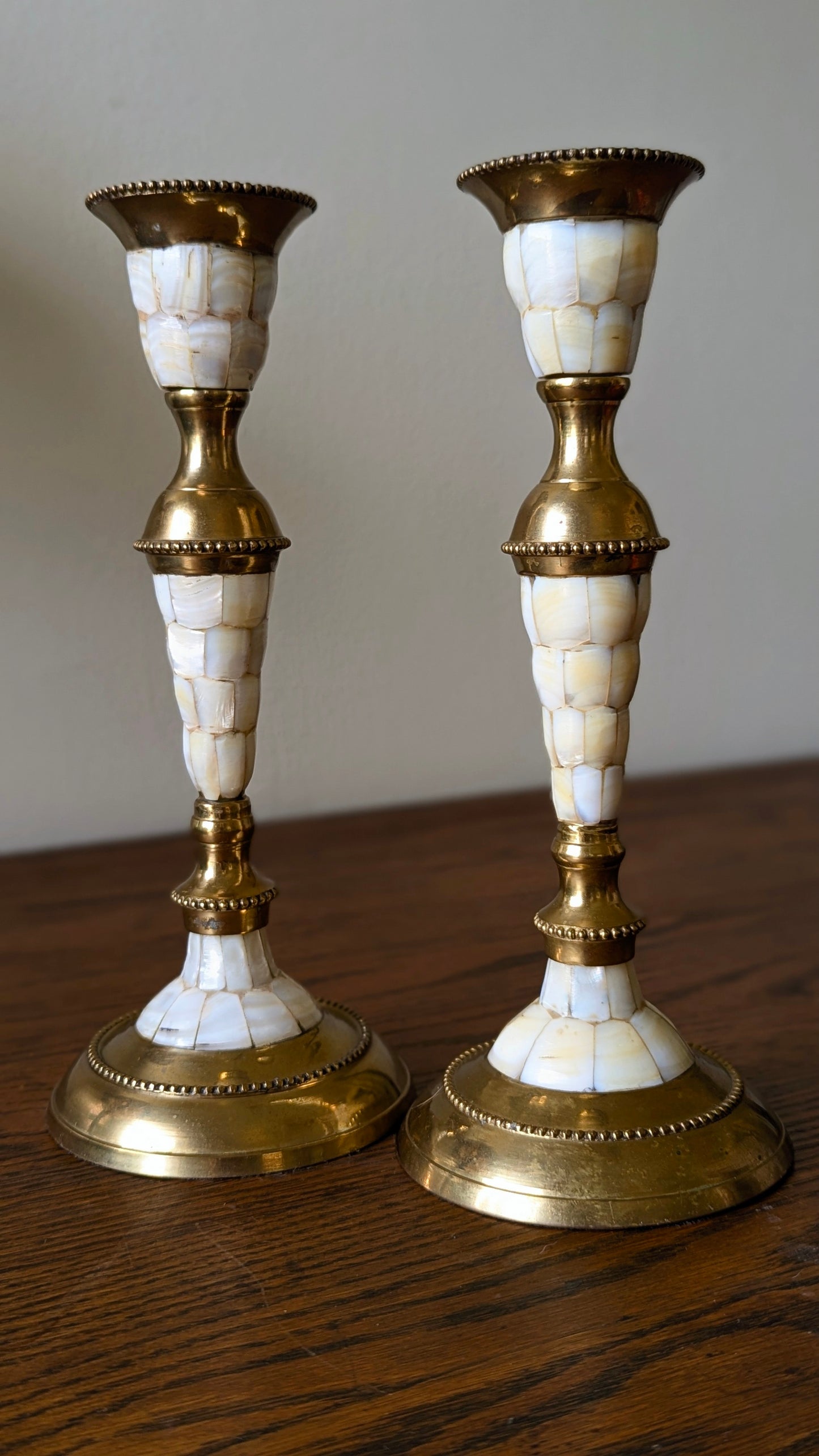 Pair of Brass & Mother of Pearl Candlestick Holders