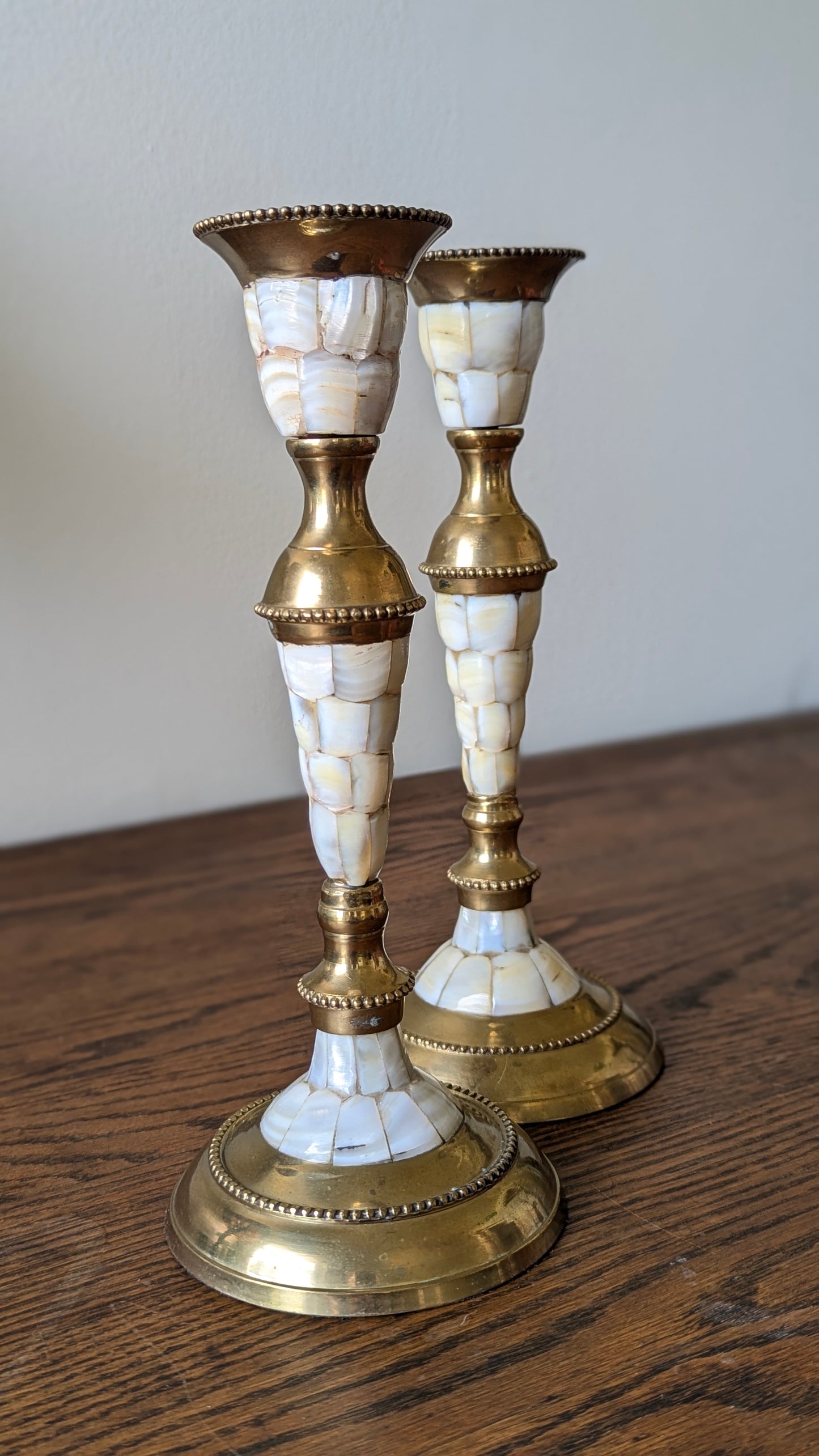 Pair of Brass & Mother of Pearl Candlestick Holders